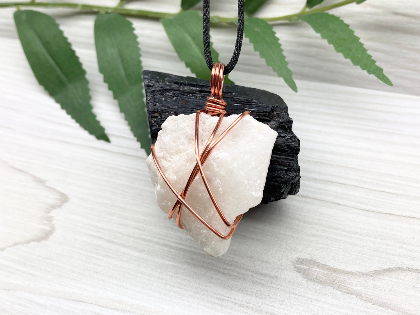 Raw White Onyx Necklace. Rough White Onyx Crystal Wrapped With Copper Wire. Pendant Comes On A Black Lobster Clasp Chain.