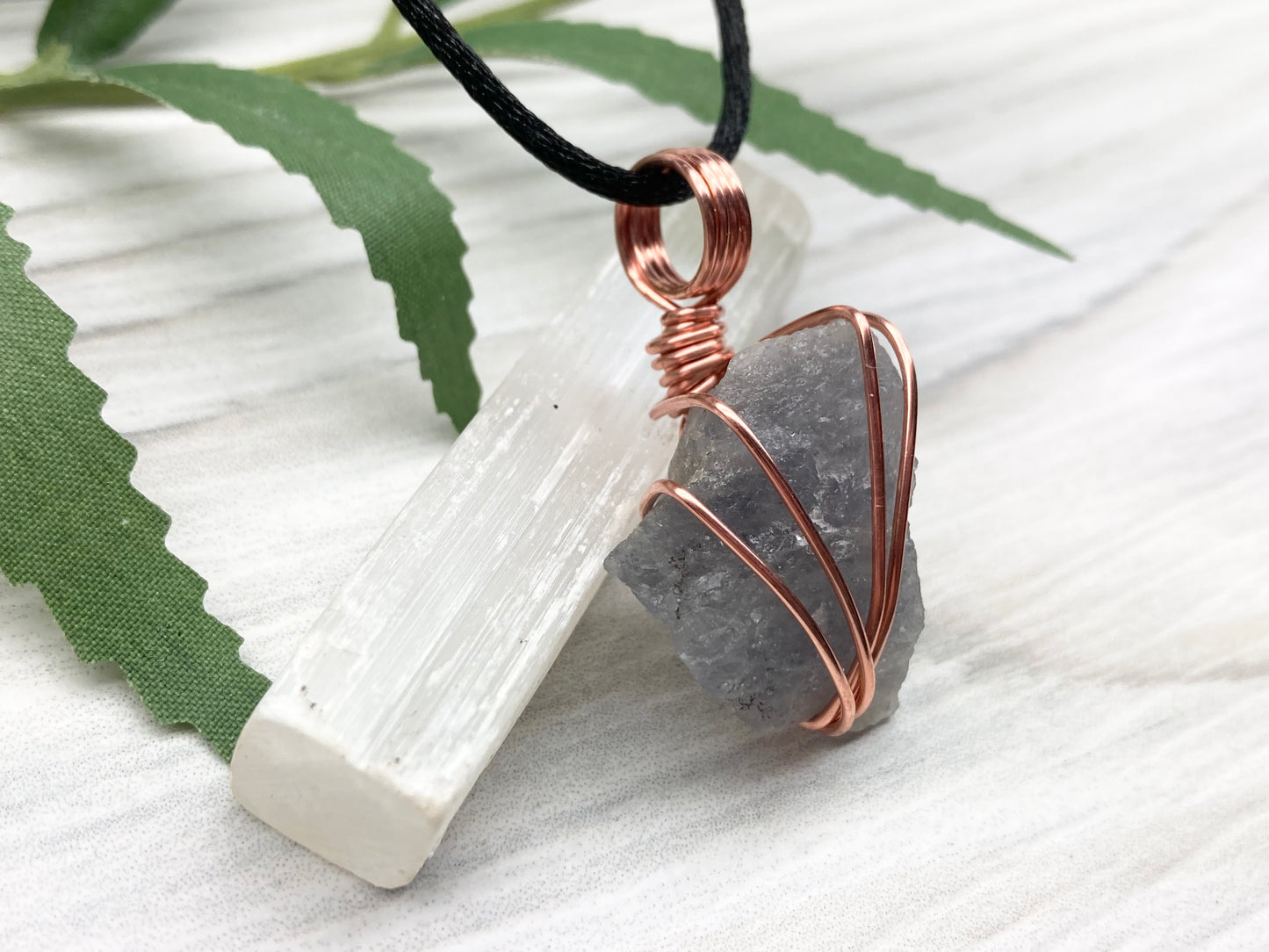 Raw Iolite Necklace. Natural Iolite Crystal Wrapped With Pure Copper Wire.This Stone Is A Blue Purple Color. Comes On A Black Chain. New Age Sagittarius Pendant.