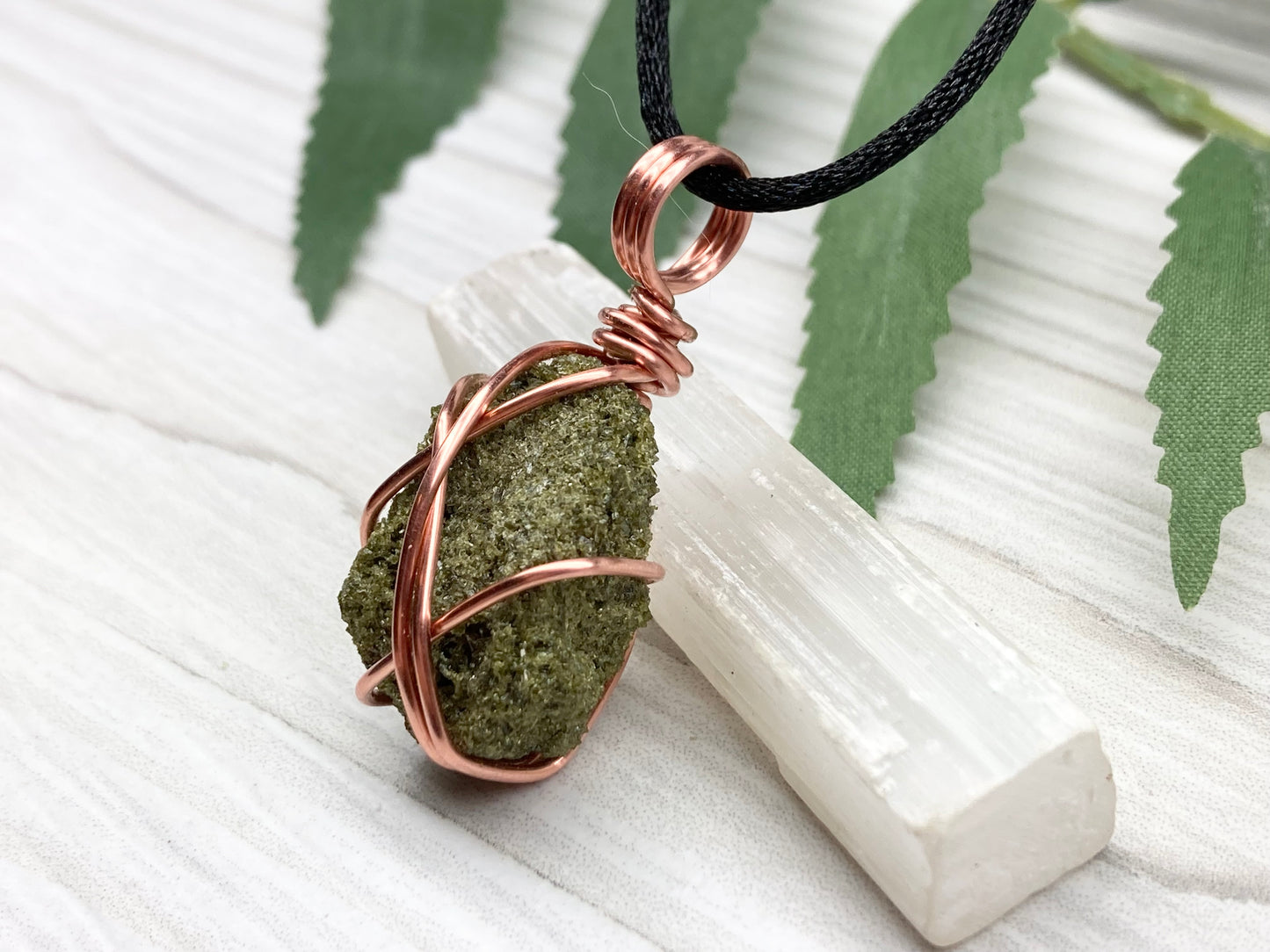 Raw Epidote Necklace. Copper Wire Wrapped Green Crystal Pendant. Comes On A Black Necklace. Handmade Spiritual Jewelry.