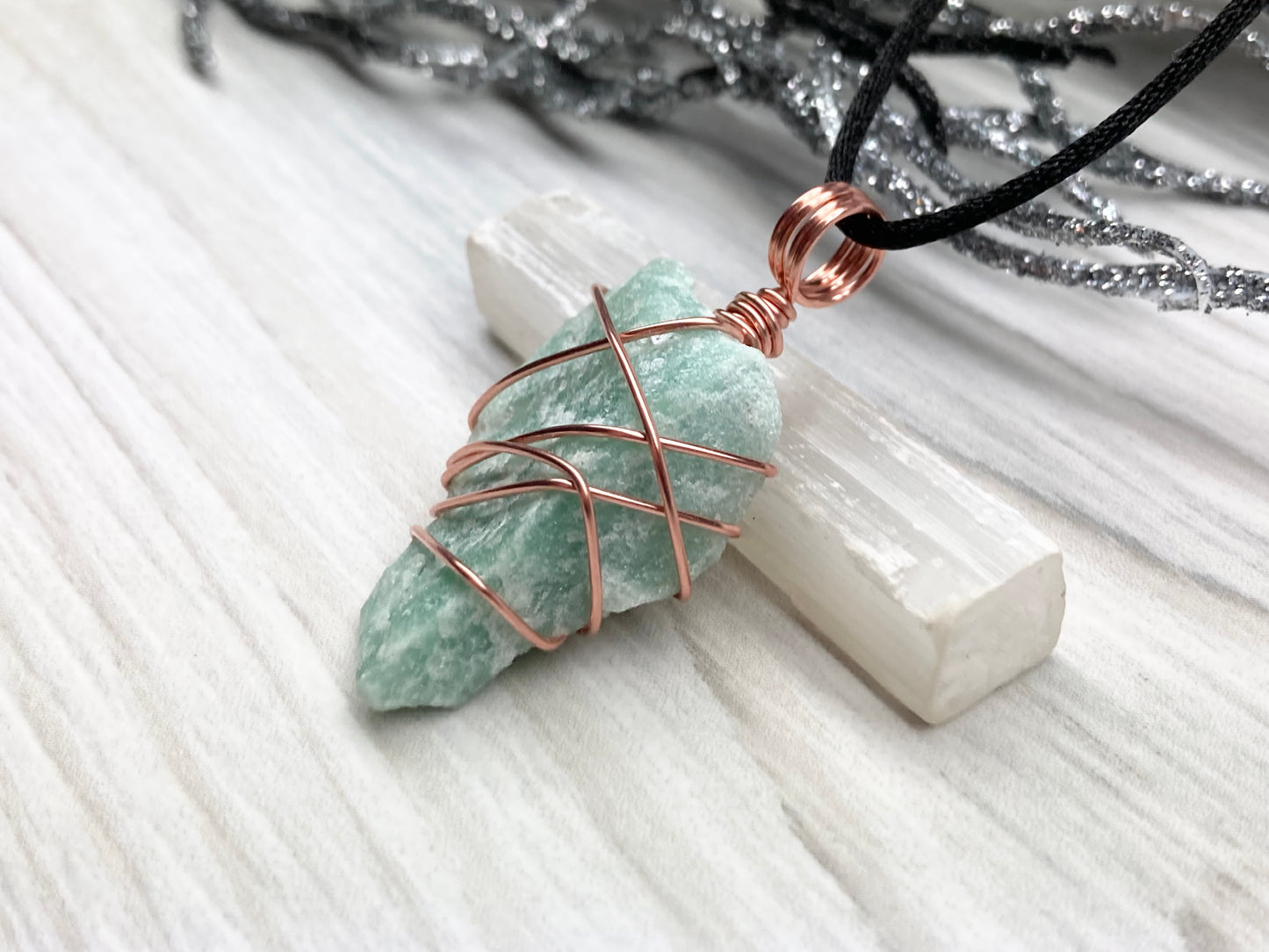 Green Quartz Necklace. Raw Green Crystal Wrapped With Pure Copper Wire. Comes On A Black Chain. Pagan Wiccan Style Handmade Jewelry.