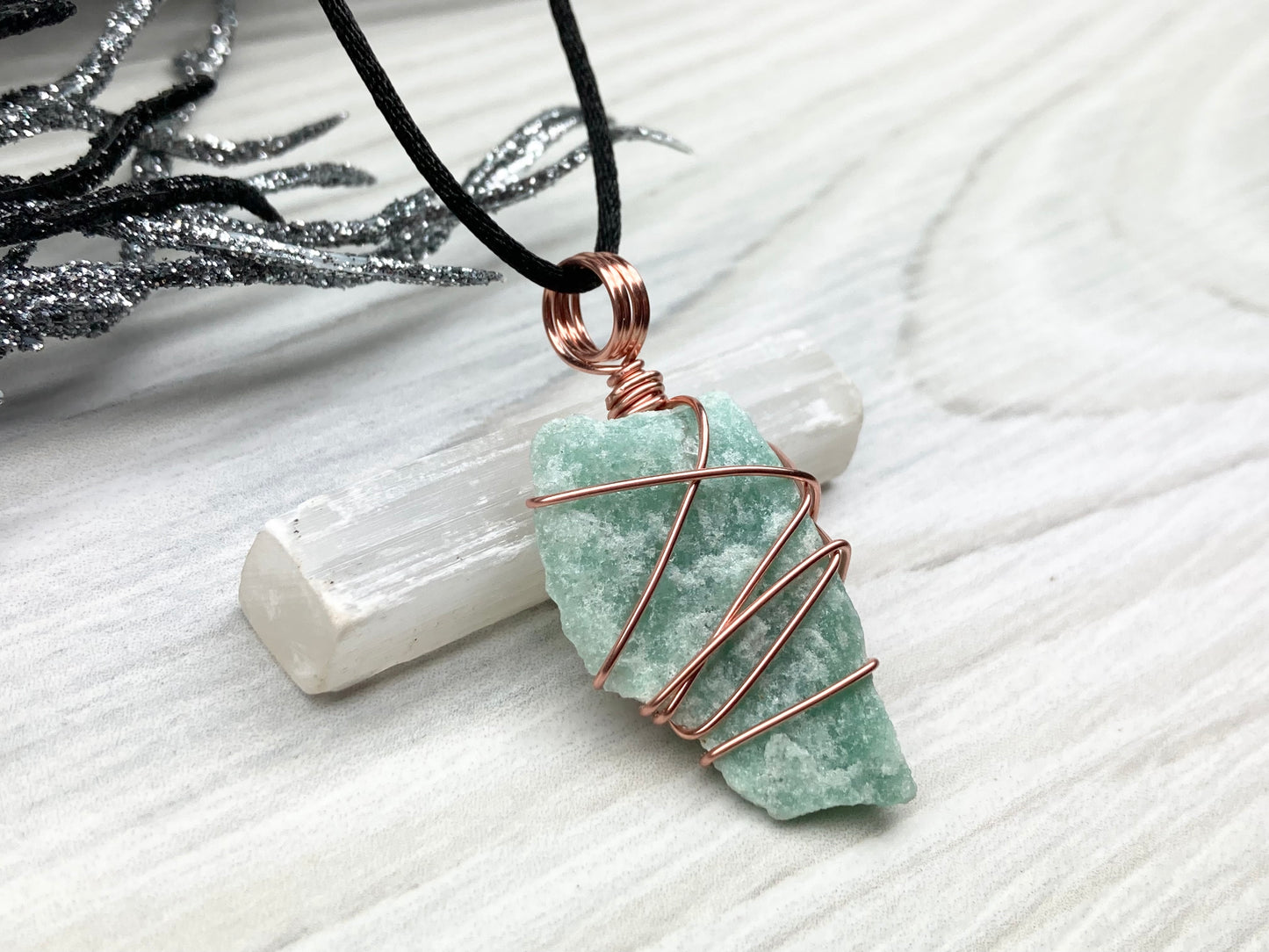 Green Quartz Necklace. Raw Green Crystal Wrapped With Pure Copper Wire. Comes On A Black Chain. Pagan Wiccan Style Handmade Jewelry.