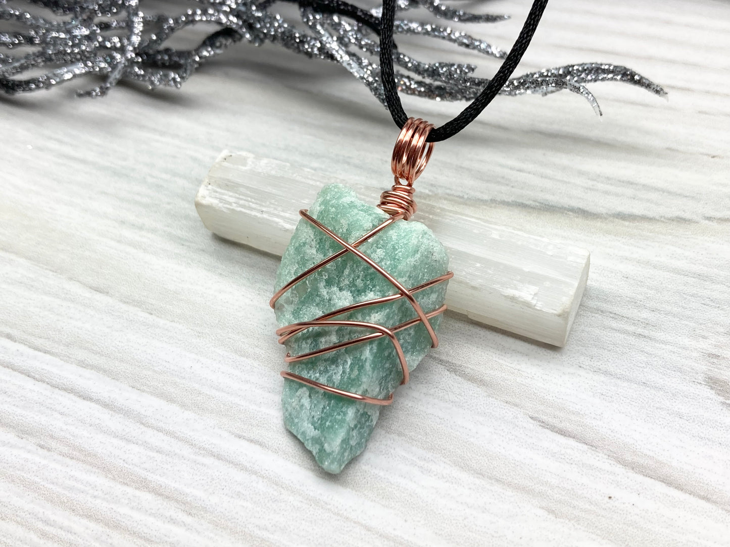 Green Quartz Necklace. Raw Green Crystal Wrapped With Pure Copper Wire. Comes On A Black Chain. Pagan Wiccan Style Handmade Jewelry.