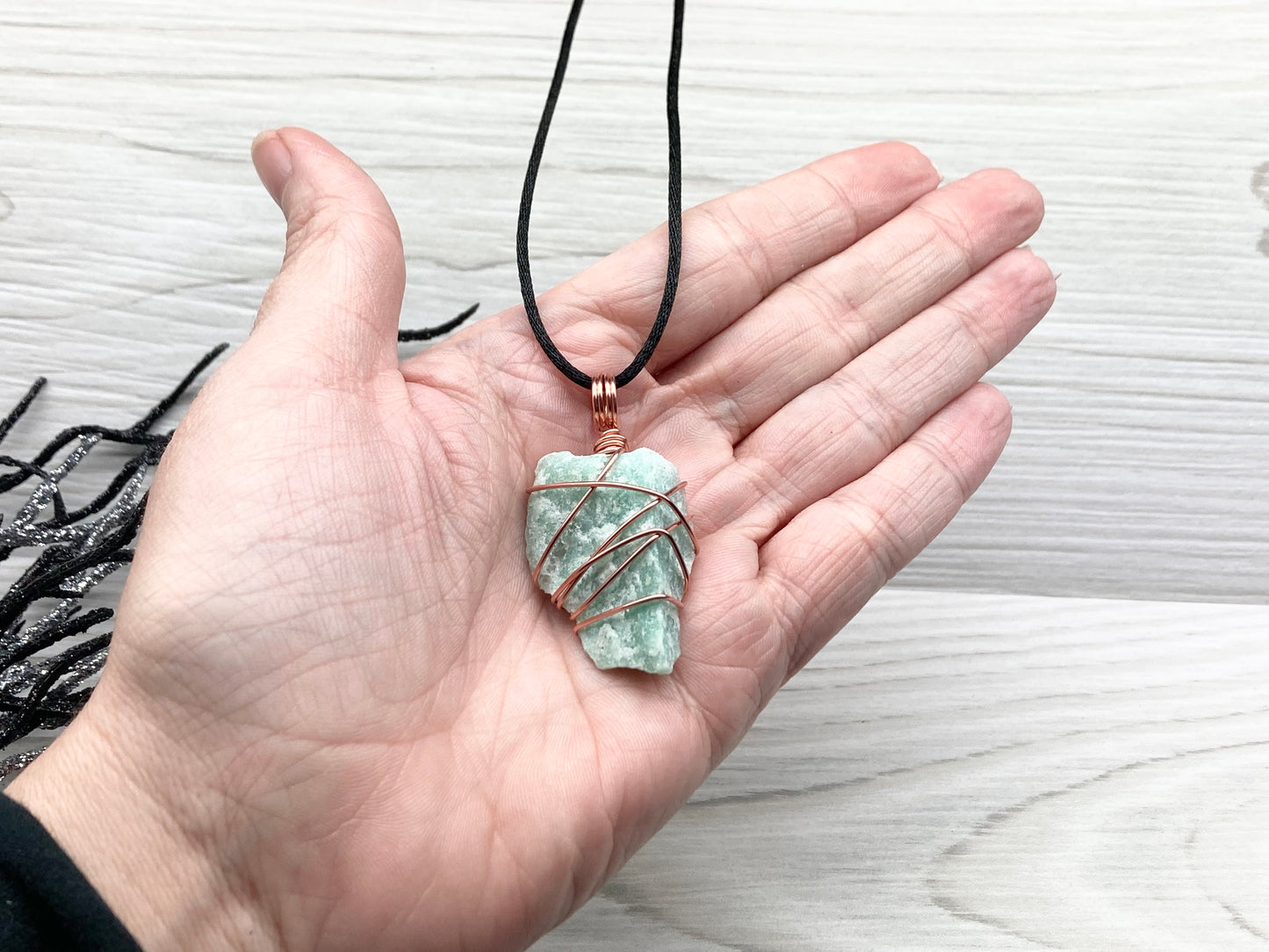 Green Quartz Necklace. Raw Green Crystal Wrapped With Pure Copper Wire. Comes On A Black Chain. Pagan Wiccan Style Handmade Jewelry.