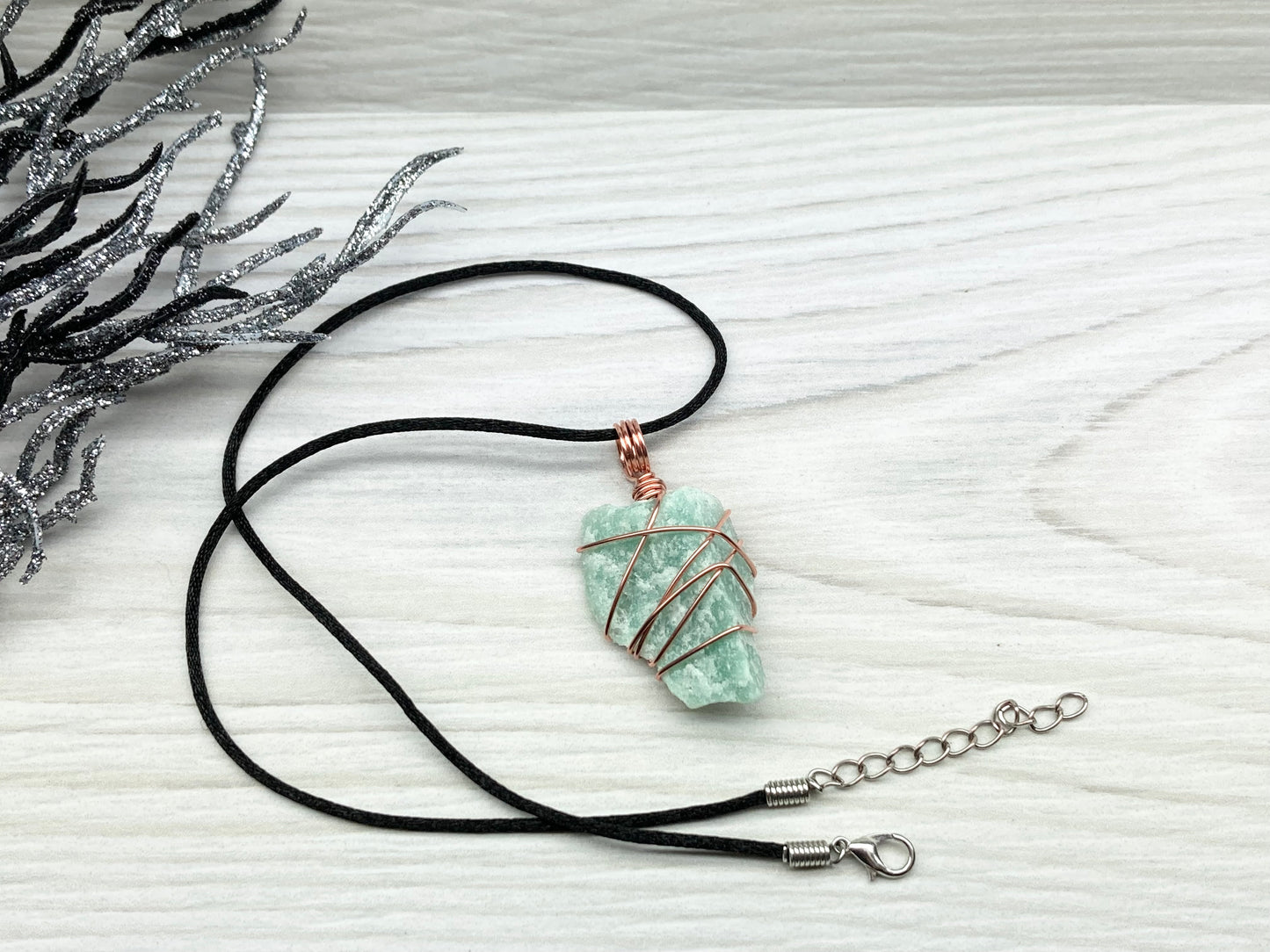 Green Quartz Necklace. Raw Green Crystal Wrapped With Pure Copper Wire. Comes On A Black Chain. Pagan Wiccan Style Handmade Jewelry.