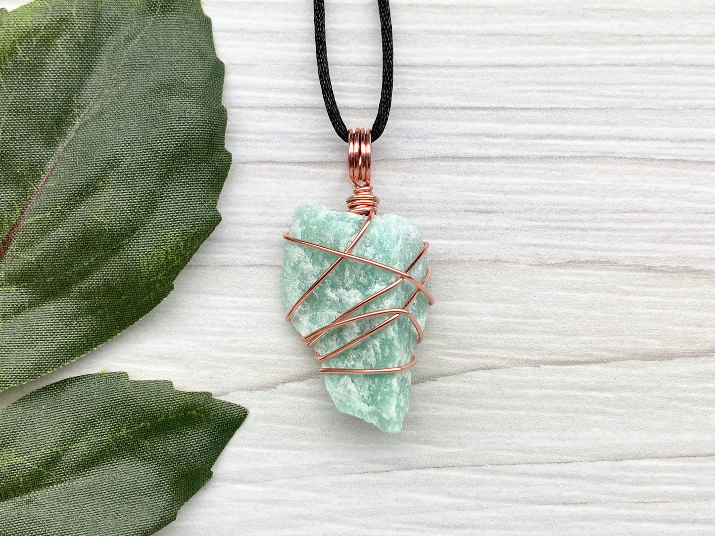Green Quartz Necklace. Raw Green Crystal Wrapped With Pure Copper Wire. Comes On A Black Chain. Pagan Wiccan Style Handmade Jewelry.