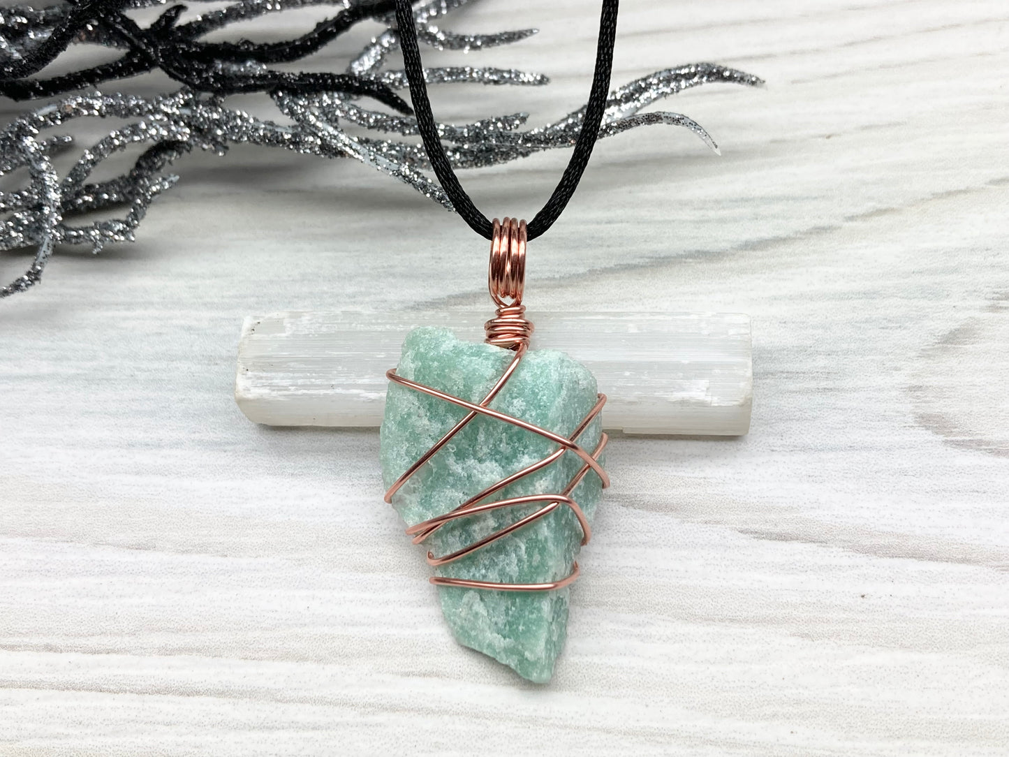 Green Quartz Necklace. Raw Green Crystal Wrapped With Pure Copper Wire. Comes On A Black Chain. Pagan Wiccan Style Handmade Jewelry.