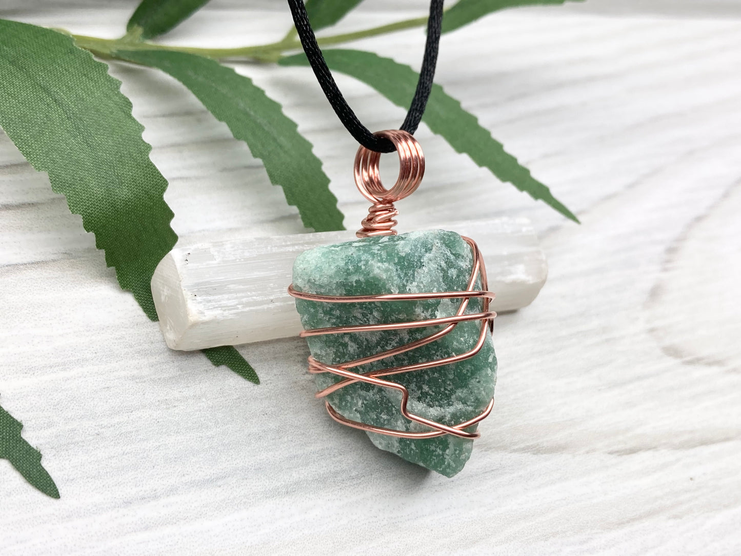 Green Quartz Necklace. Raw Green Crystal Wrapped With Copper Wire. Comes On A Black Chain. Handmade Metaphysical Jewelry For Him Or Her.