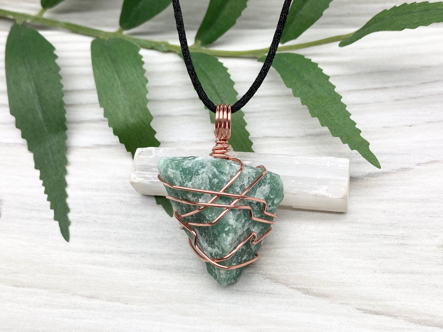 Green Quartz Necklace. Raw Green Crystal Wrapped With Copper Wire. Comes On A Black Chain. Handmade Metaphysical Jewelry For Him Or Her.