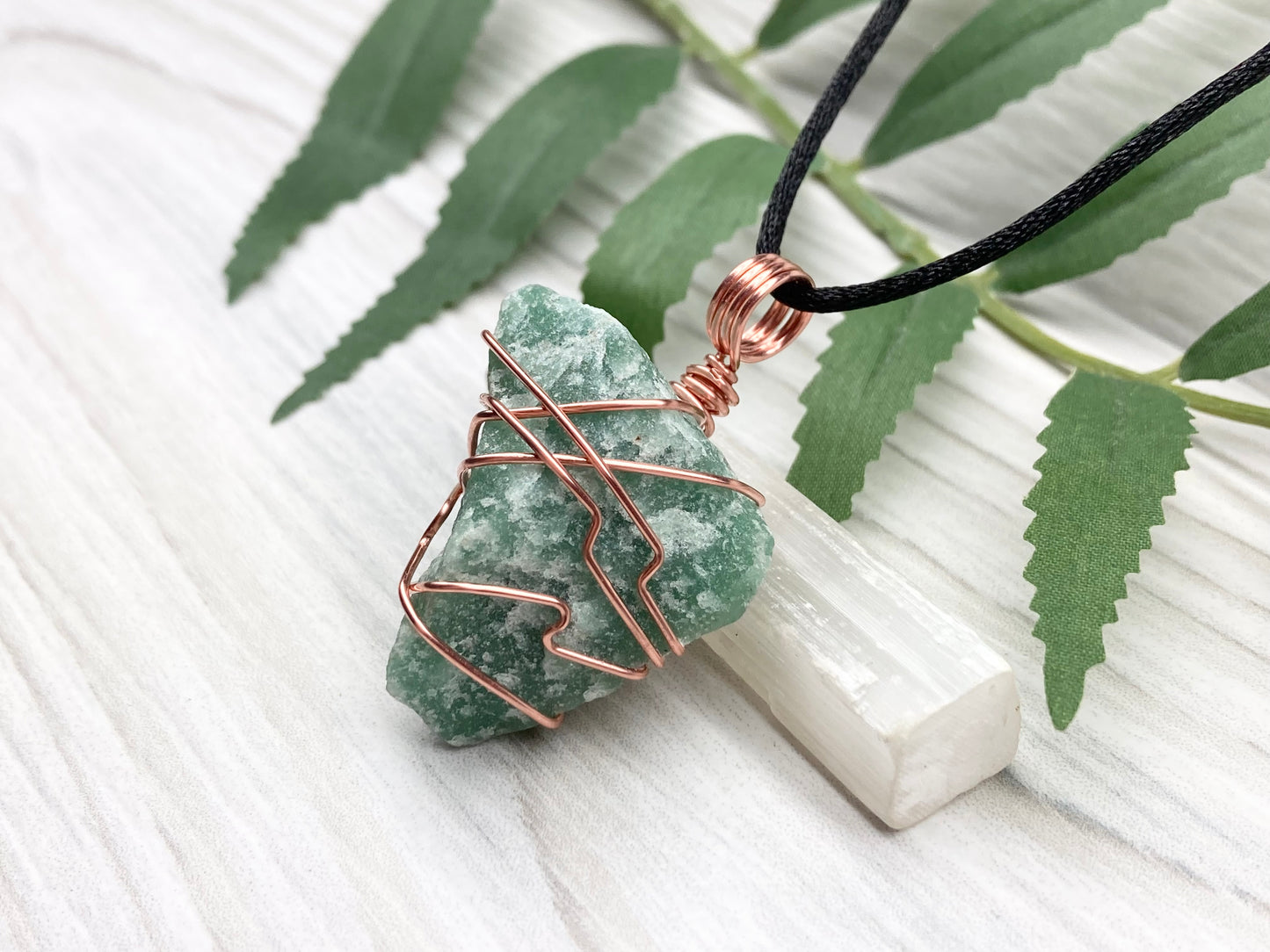 Green Quartz Necklace. Raw Green Crystal Wrapped With Copper Wire. Comes On A Black Chain. Handmade Metaphysical Jewelry For Him Or Her.