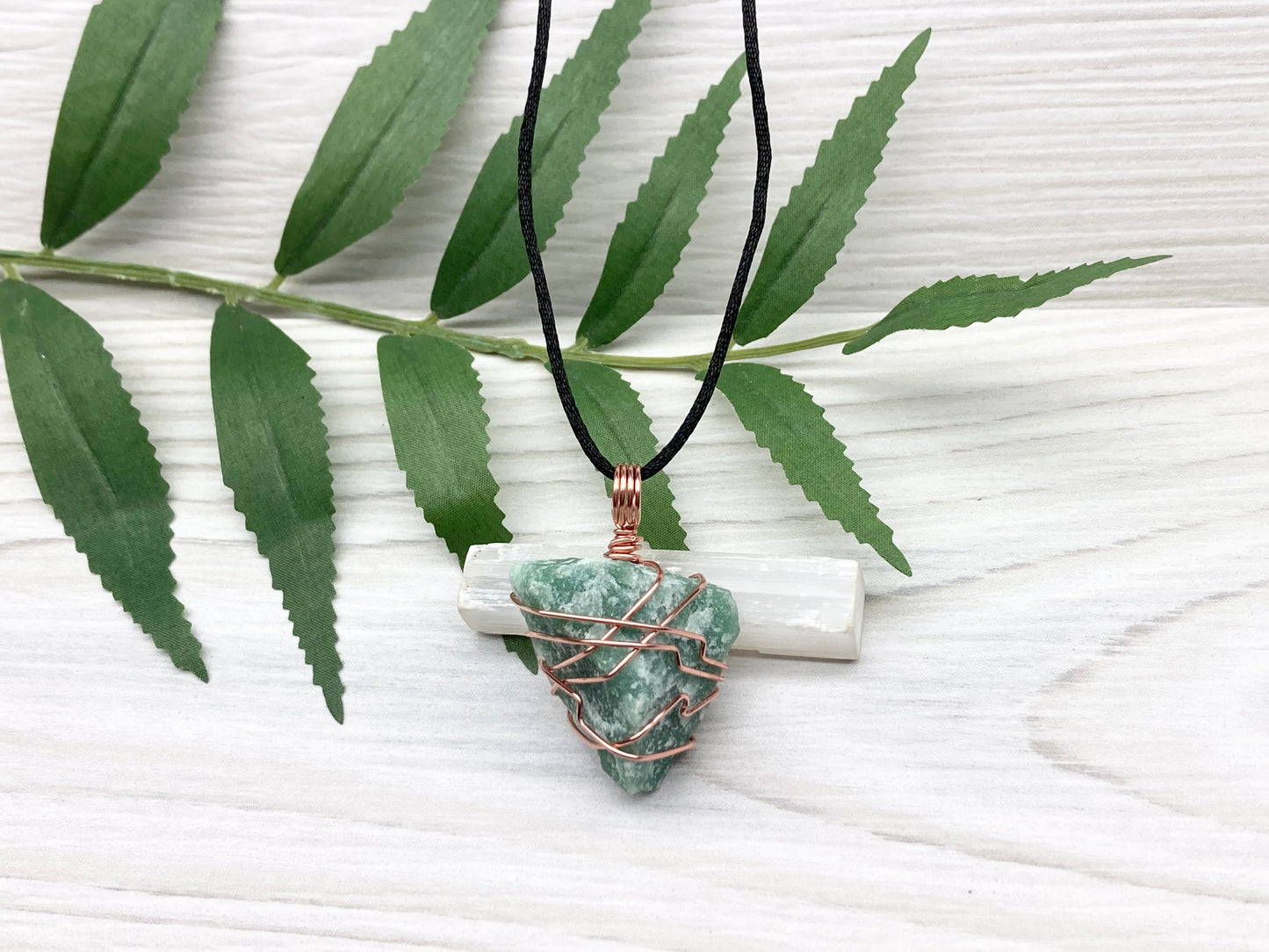 Green Quartz Necklace. Raw Green Crystal Wrapped With Copper Wire. Comes On A Black Chain. Handmade Metaphysical Jewelry For Him Or Her.