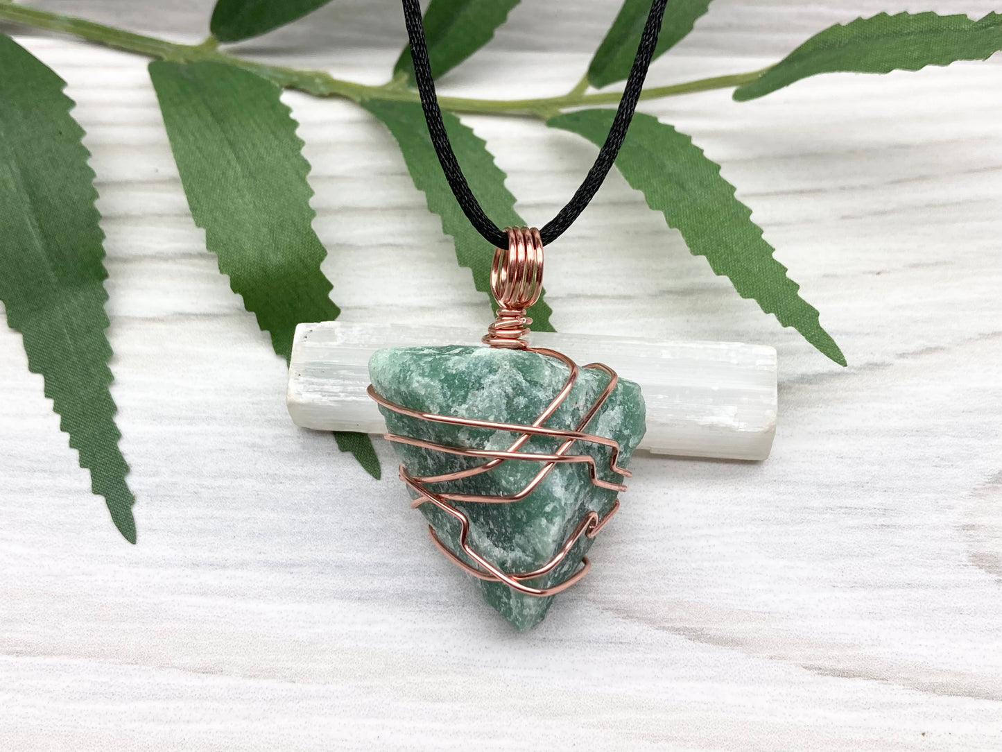 Green Quartz Necklace. Raw Green Crystal Wrapped With Copper Wire. Comes On A Black Chain. Handmade Metaphysical Jewelry For Him Or Her.