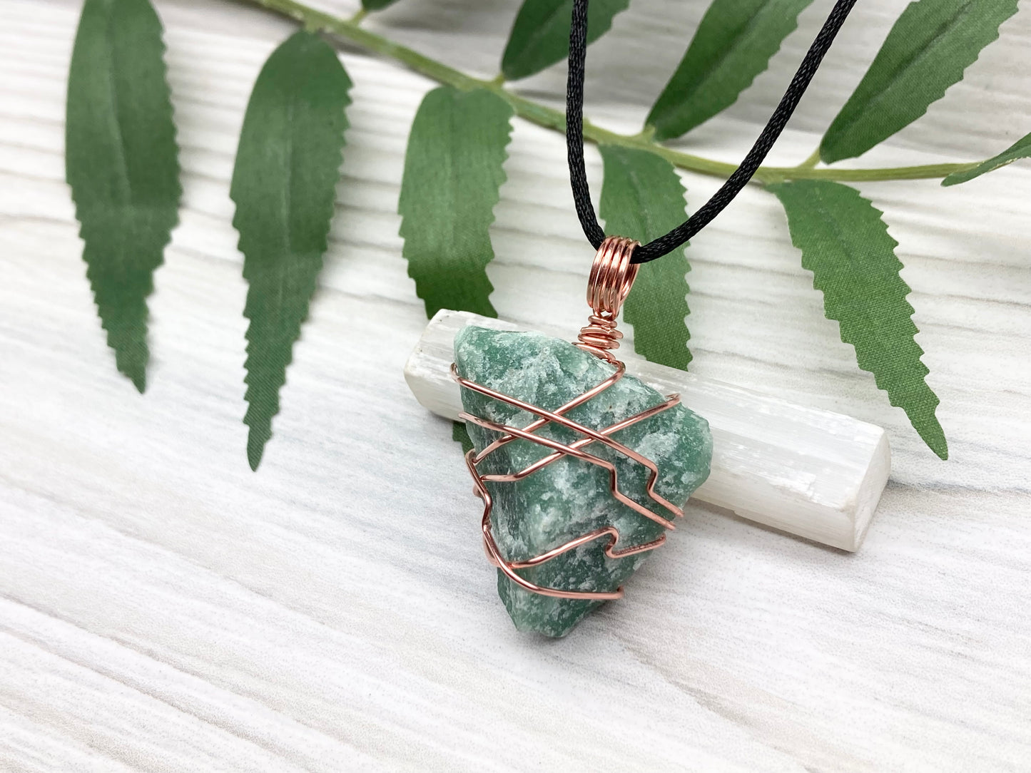 Green Quartz Necklace. Raw Green Crystal Wrapped With Copper Wire. Comes On A Black Chain. Handmade Metaphysical Jewelry For Him Or Her.