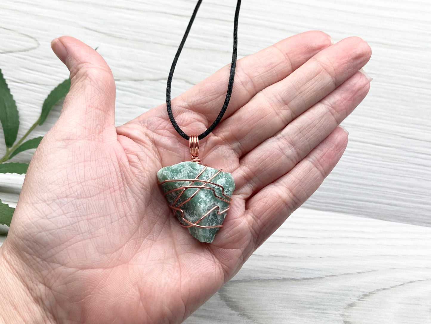 Green Quartz Necklace. Raw Green Crystal Wrapped With Copper Wire. Comes On A Black Chain. Handmade Metaphysical Jewelry For Him Or Her.
