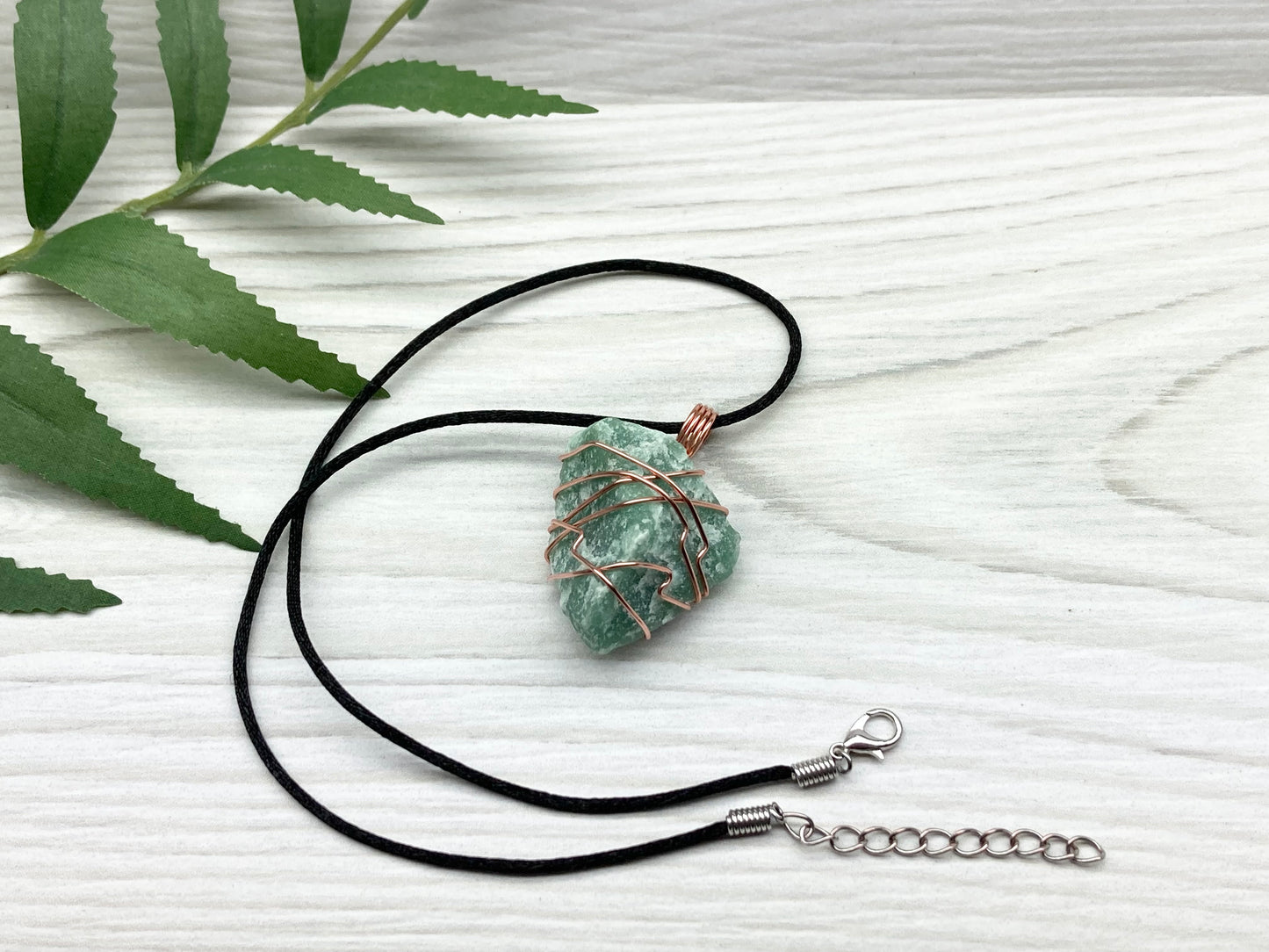 Green Quartz Necklace. Raw Green Crystal Wrapped With Copper Wire. Comes On A Black Chain. Handmade Metaphysical Jewelry For Him Or Her.