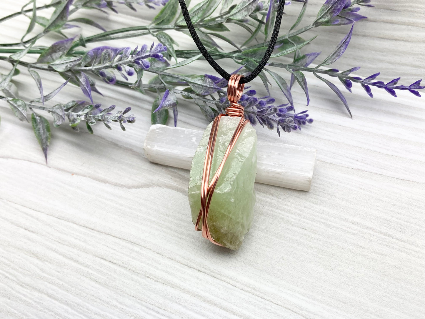 Green Calcite Necklace. Copper Wire Wrapped Stone Pendant. Raw Light Green Crystal. Comes On A Black Chain. Hand Crafted Gemstone Jewelry For Him Or Her.