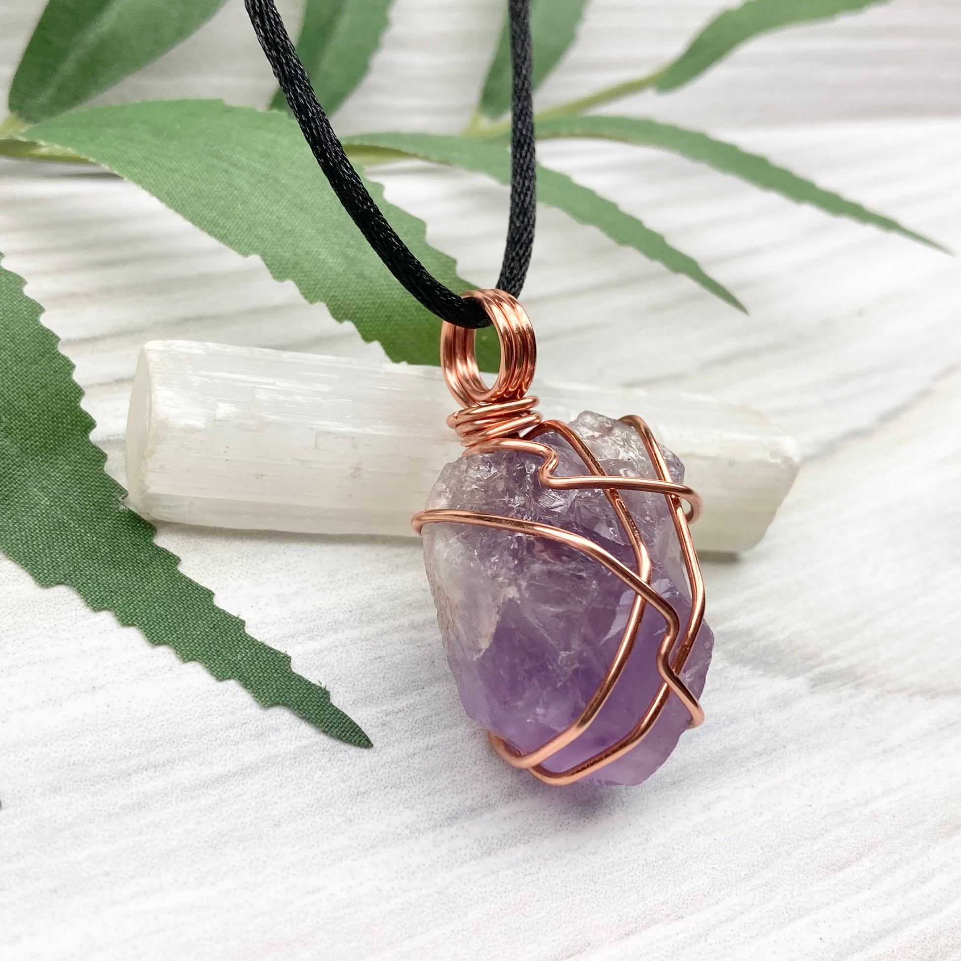 Raw Amethyst Necklace. Natural Purple Amethyst Crystal Wrapped With Tarnish Resistant Copper Wire. Purple Stone Pendant. Comes On A Black Necklace. Aquarius Zodiac Crystal Jewelry. Handmade In Tennessee.