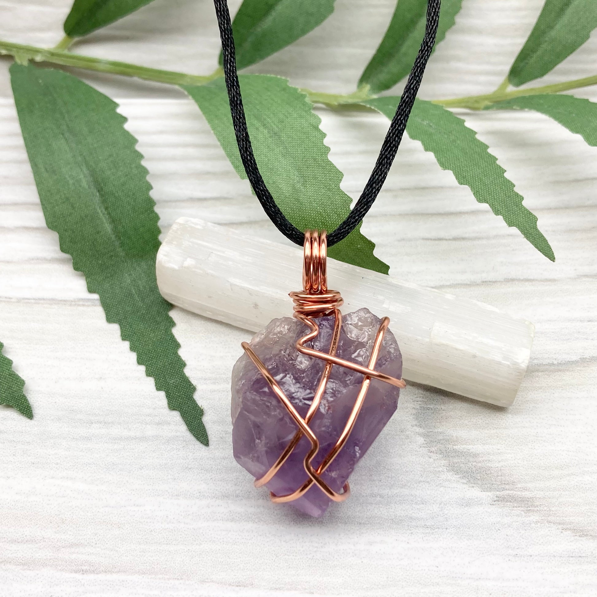 Raw Amethyst Necklace. Natural Purple Amethyst Crystal Wrapped With Tarnish Resistant Copper Wire. Purple Stone Pendant. Comes On A Black Necklace. Aquarius Zodiac Crystal Jewelry. Handmade In Tennessee.