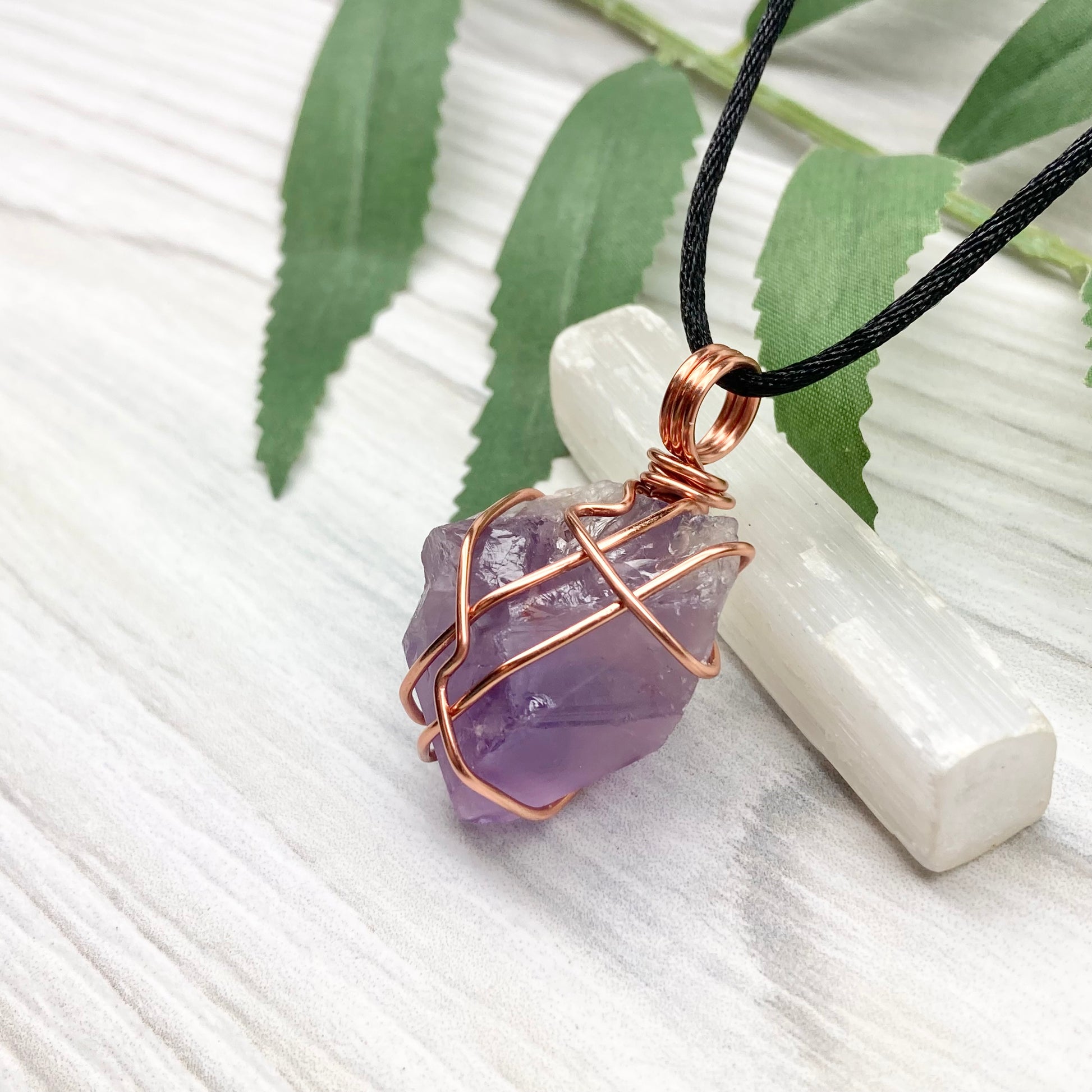 Raw Amethyst Necklace. Natural Purple Amethyst Crystal Wrapped With Tarnish Resistant Copper Wire. Purple Stone Pendant. Comes On A Black Necklace. Aquarius Zodiac Crystal Jewelry. Handmade In Tennessee.
