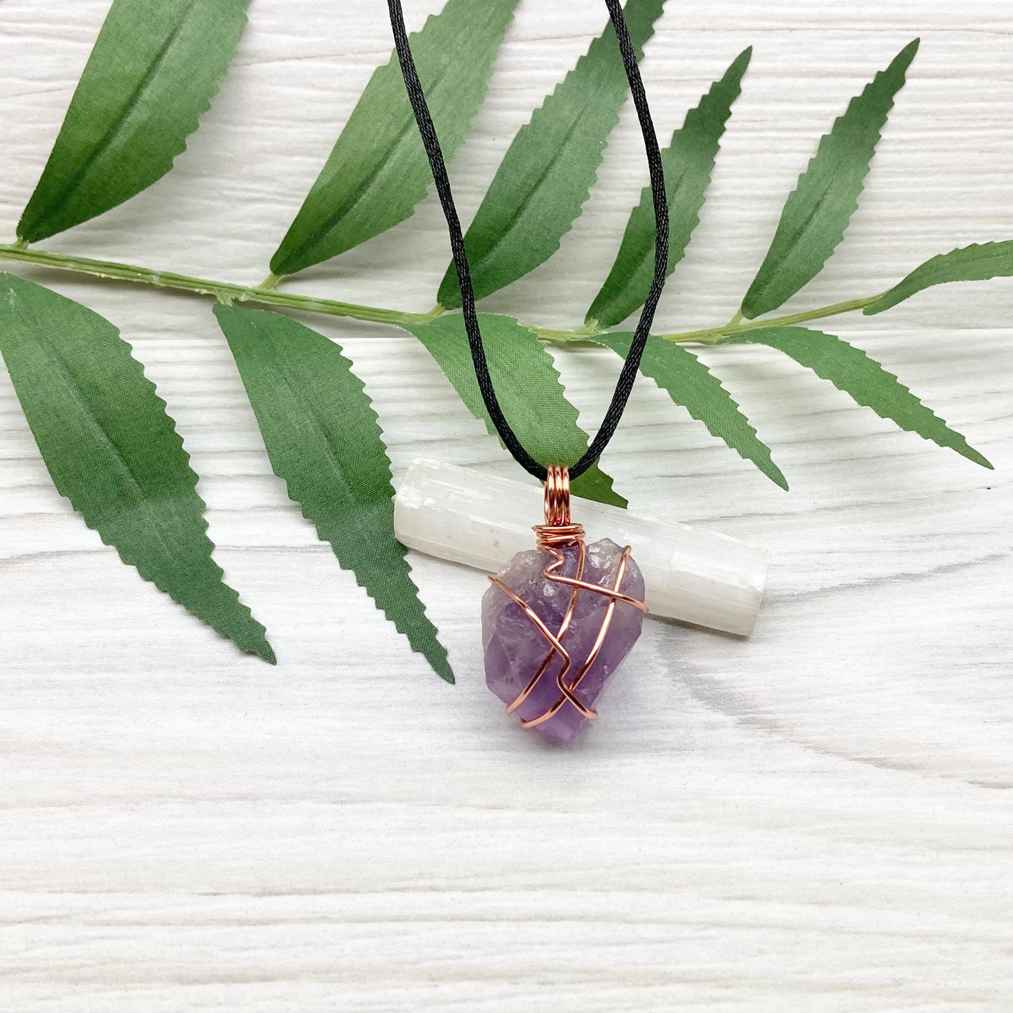 Raw Amethyst Necklace. Natural Purple Amethyst Crystal Wrapped With Tarnish Resistant Copper Wire. Purple Stone Pendant. Comes On A Black Necklace. Aquarius Zodiac Crystal Jewelry. Handmade In Tennessee.