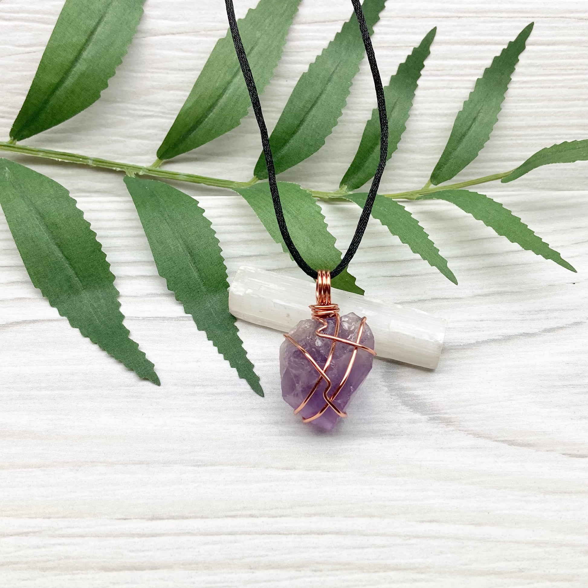 Raw Amethyst Necklace. Natural Purple Amethyst Crystal Wrapped With Tarnish Resistant Copper Wire. Purple Stone Pendant. Comes On A Black Necklace. Aquarius Zodiac Crystal Jewelry. Handmade In Tennessee.