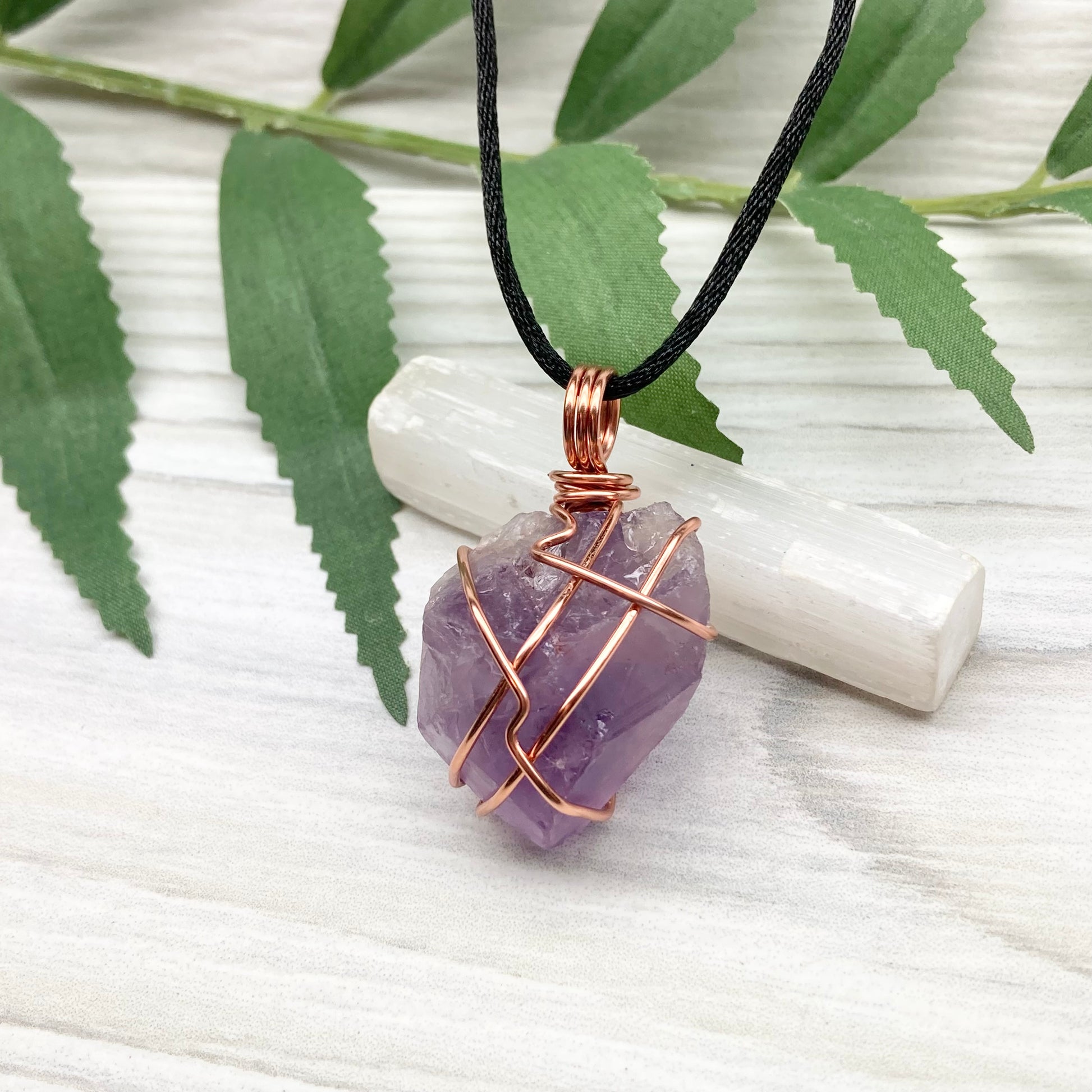 Raw Amethyst Necklace. Natural Purple Amethyst Crystal Wrapped With Tarnish Resistant Copper Wire. Purple Stone Pendant. Comes On A Black Necklace. Aquarius Zodiac Crystal Jewelry. Handmade In Tennessee.