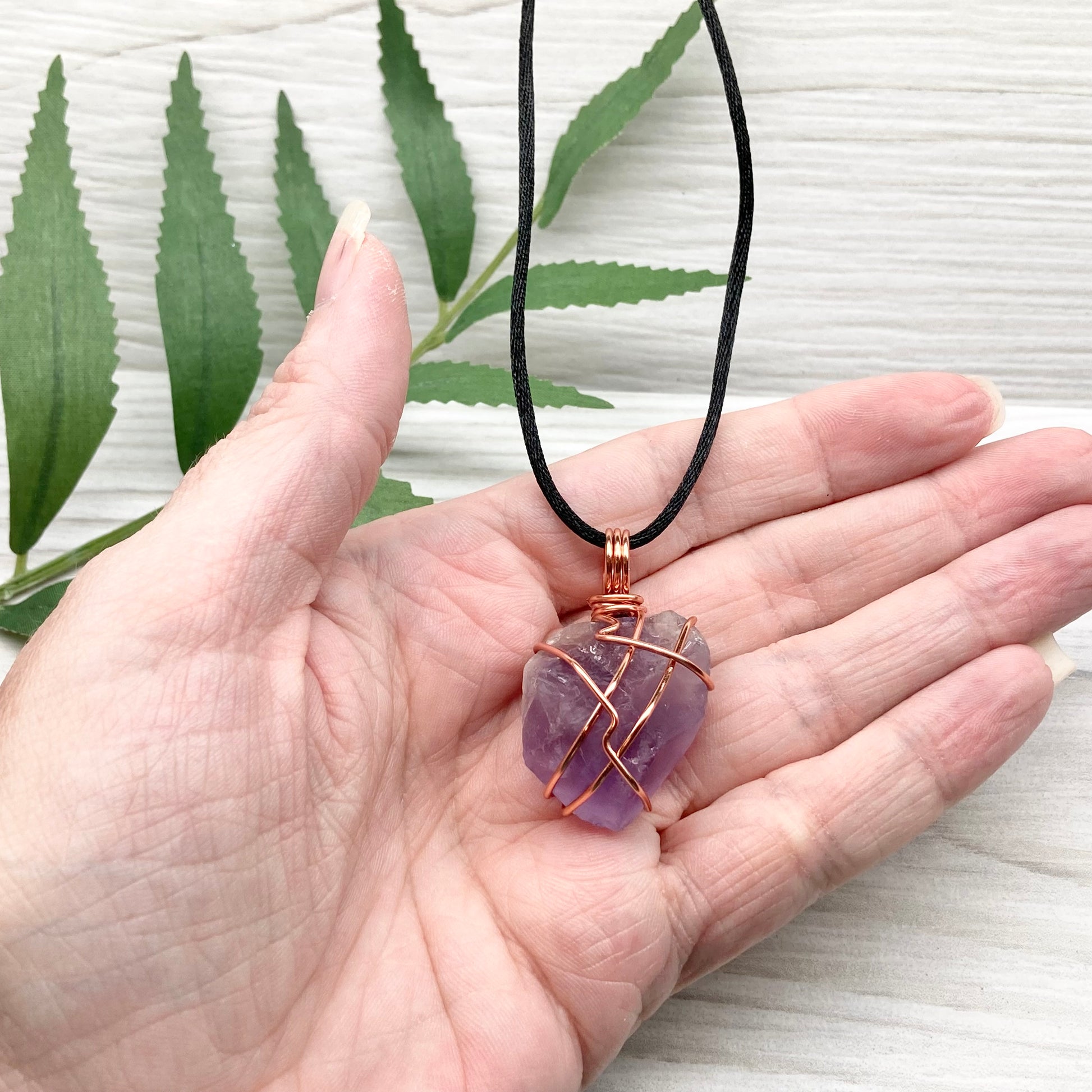 Raw Amethyst Necklace. Natural Purple Amethyst Crystal Wrapped With Tarnish Resistant Copper Wire. Purple Stone Pendant. Comes On A Black Necklace. Aquarius Zodiac Crystal Jewelry. Handmade In Tennessee.