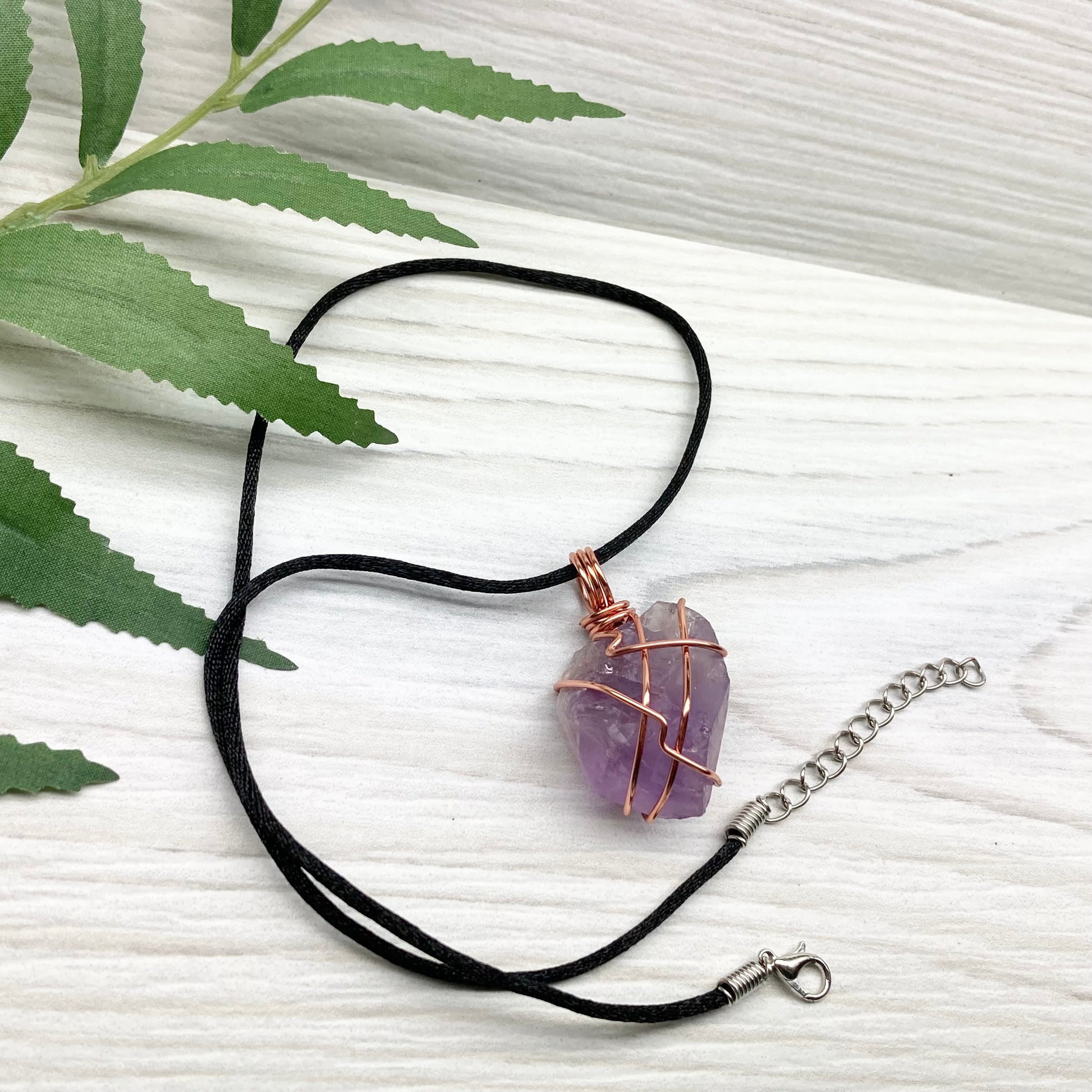 Raw Amethyst Necklace. Natural Purple Amethyst Crystal Wrapped With Tarnish Resistant Copper Wire. Purple Stone Pendant. Comes On A Black Necklace. Aquarius Zodiac Crystal Jewelry. Handmade In Tennessee.
