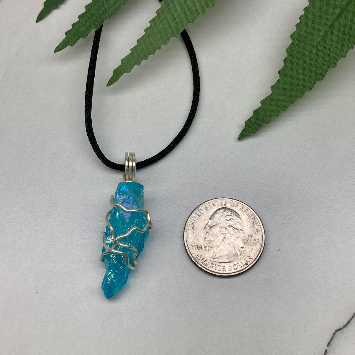 Aqua Aura Quartz necklace. Silver wire wrapped blue crystal pendant. Unique colored crystal jewelry.