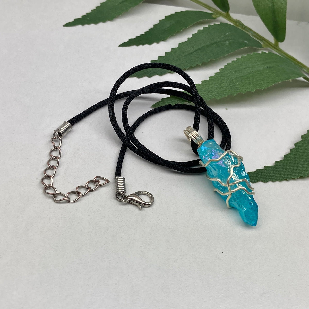 Aqua Aura Quartz necklace. Silver wire wrapped blue crystal pendant. Unique colored crystal jewelry.