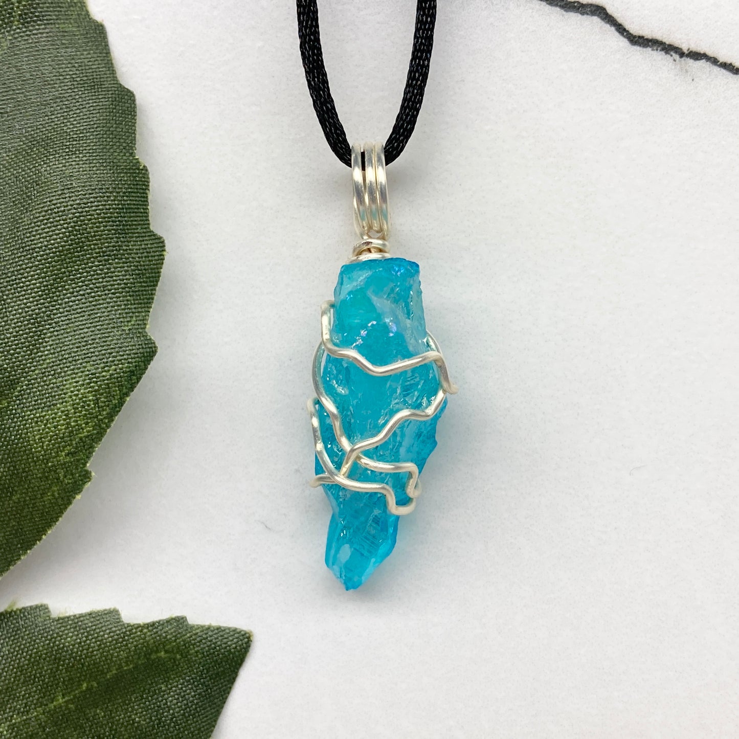 Aqua Aura Quartz necklace. Silver wire wrapped blue crystal pendant. Unique colored crystal jewelry.