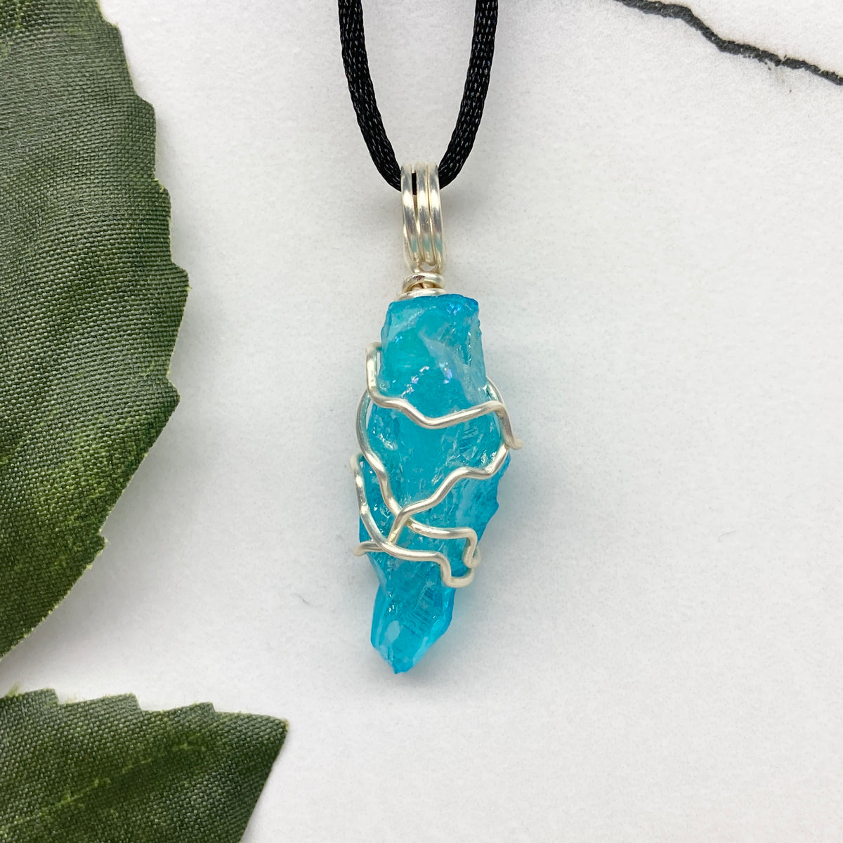 Aqua Aura Quartz necklace. Silver wire wrapped blue crystal pendant. Unique colored crystal jewelry.