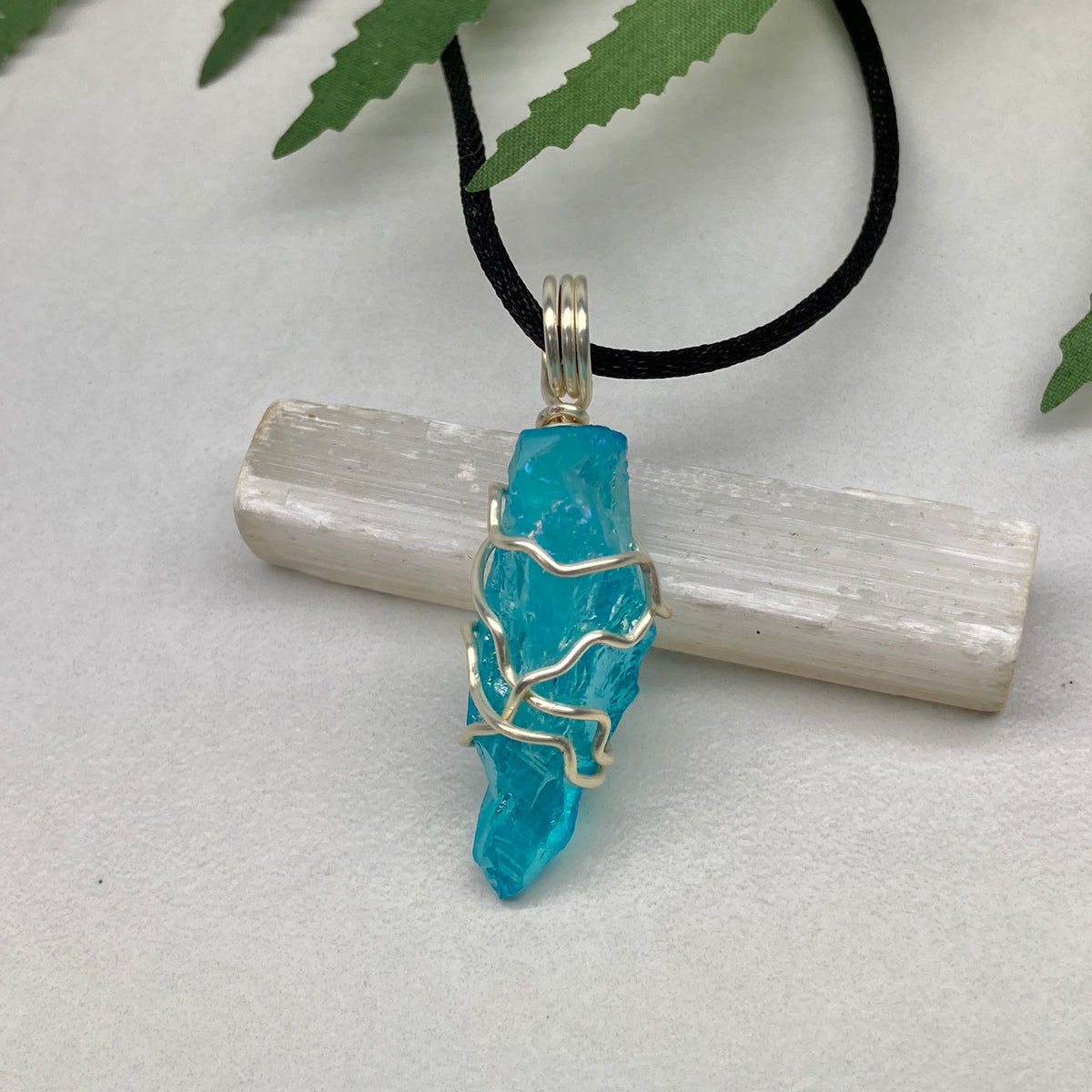 Aqua Aura Quartz necklace. Silver wire wrapped blue crystal pendant. Unique colored crystal jewelry.