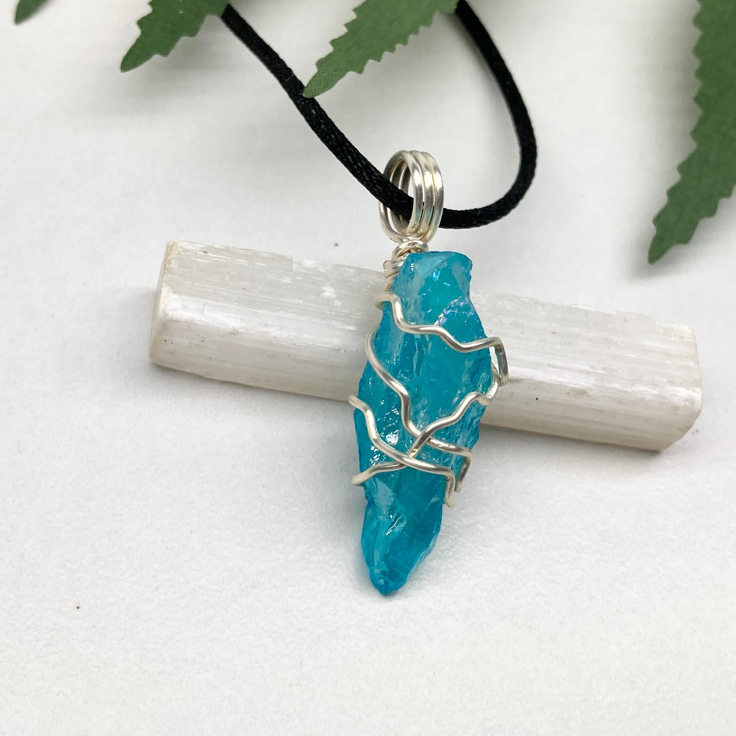 Aqua Aura Quartz necklace. Silver wire wrapped blue crystal pendant. Unique colored crystal jewelry.