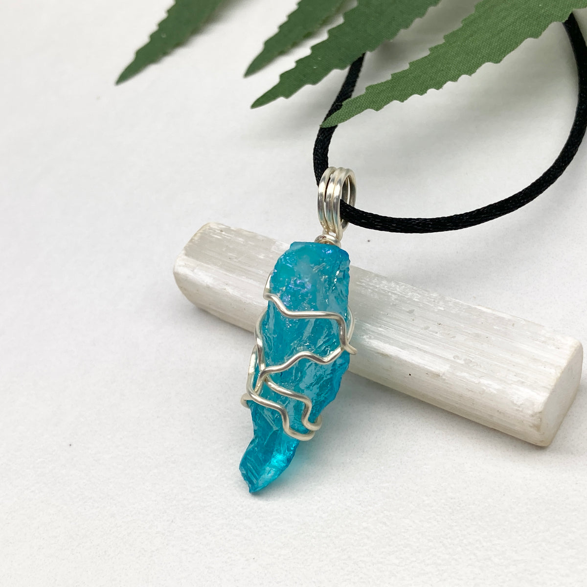 Aqua Aura Quartz necklace. Silver wire wrapped blue crystal pendant. Unique colored crystal jewelry.