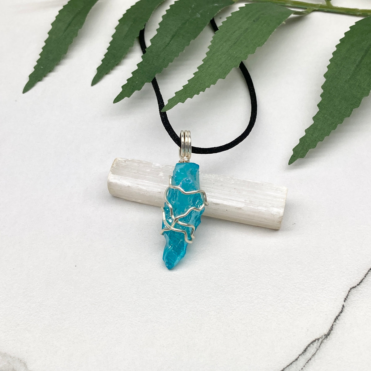 Aqua Aura Quartz necklace. Silver wire wrapped blue crystal pendant. Unique colored crystal jewelry.