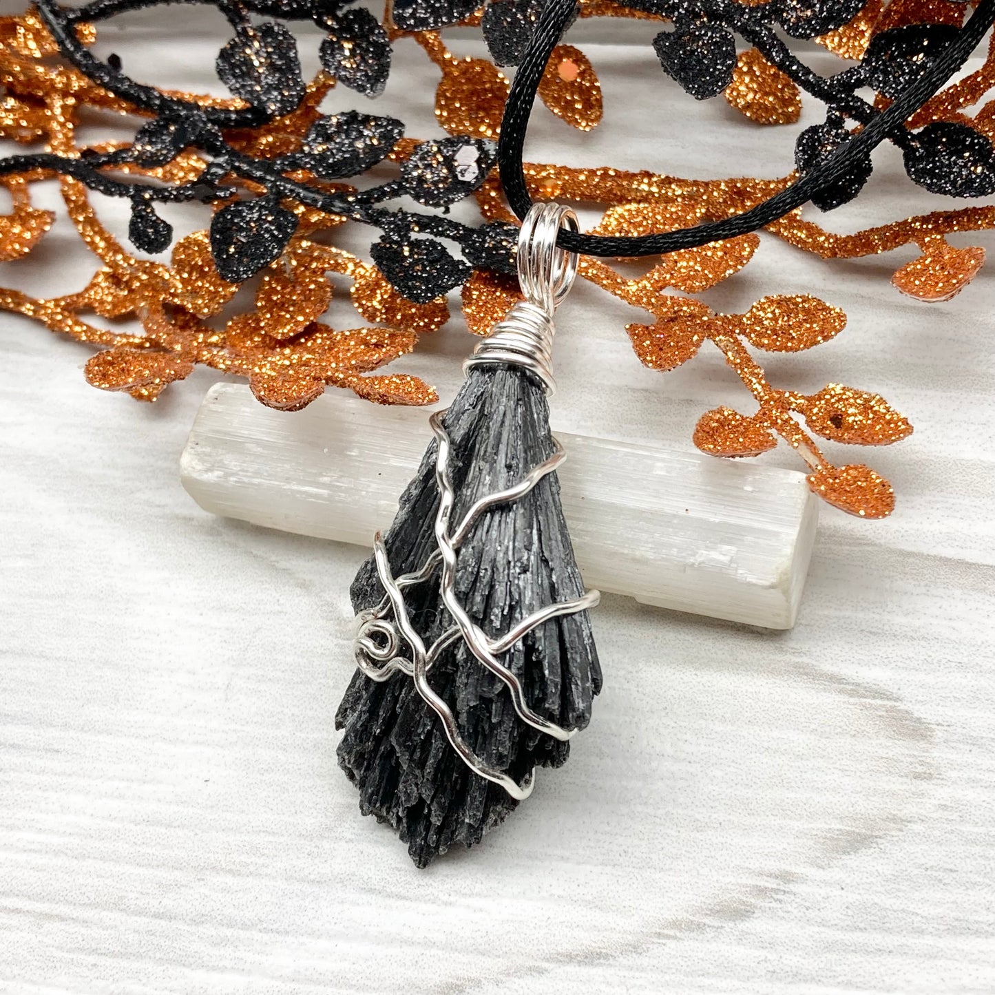 Black Kyanite necklace. Raw natural Kyanite wrapped with silver copper wire. Kyanite broom pendant. Black crystal jewelry. Comes on a black chain. Witchy gift.
