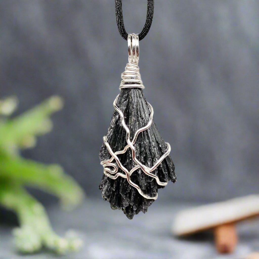 Black Kyanite necklace. Raw natural Kyanite wrapped with silver copper wire. Kyanite broom pendant. Black crystal jewelry. Comes on a black chain. Witchy gift.