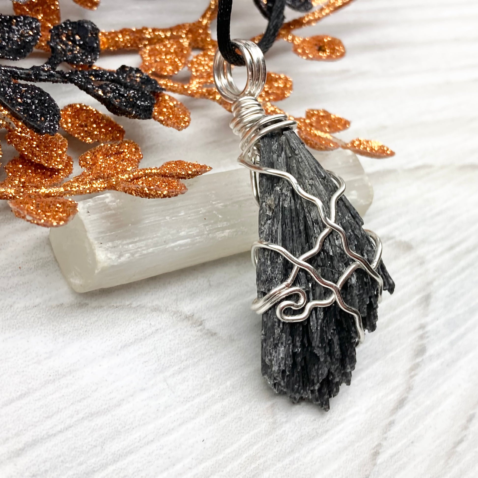 Black Kyanite necklace. Raw natural Kyanite wrapped with silver copper wire. Kyanite broom pendant. Black crystal jewelry. Comes on a black chain. Witchy gift.