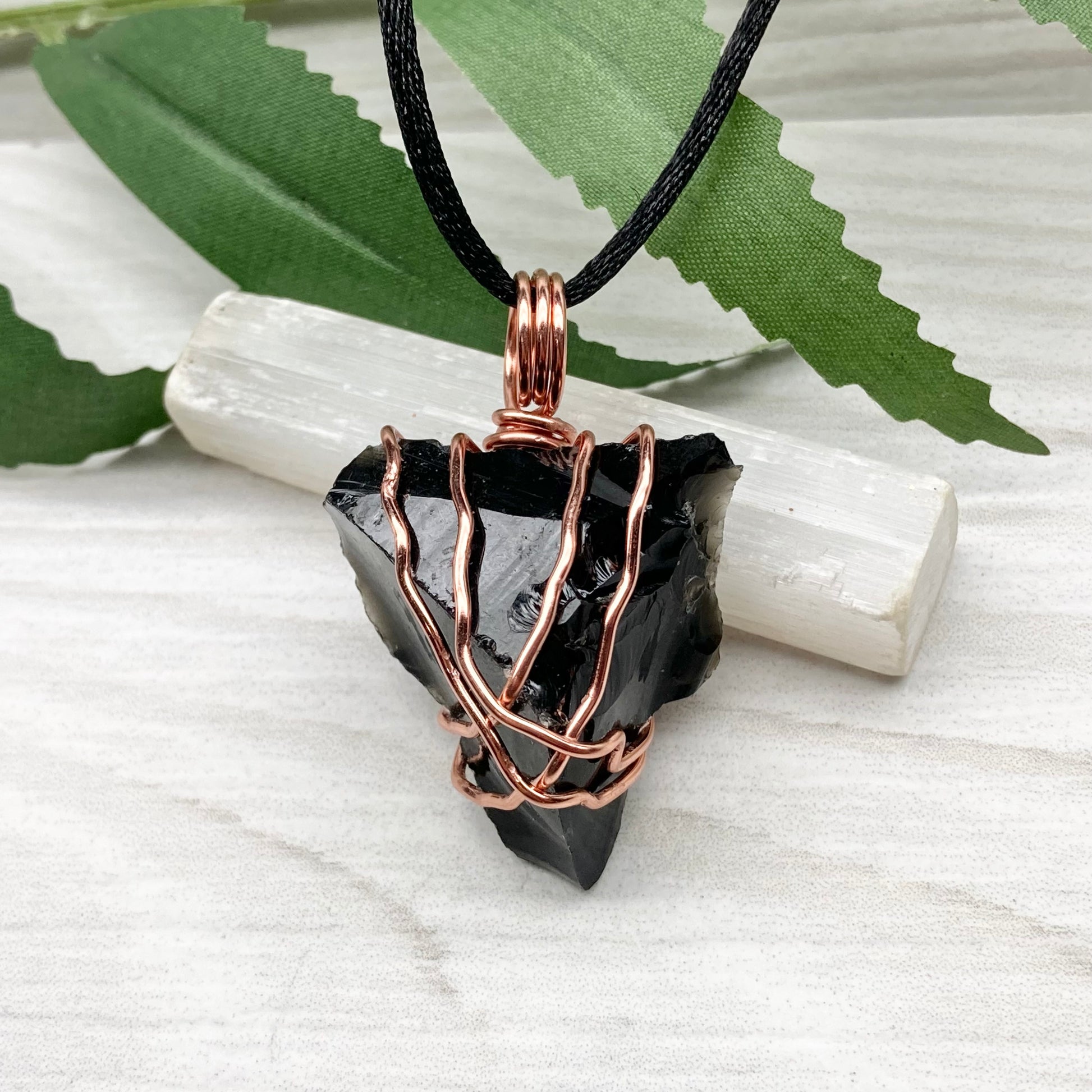 Raw Black Obsidian Necklace. Natural Obsidian Crystal Wrapped With Copper Wire. Comes On A Black Necklace. Witchy Pagan Style Jewelry.