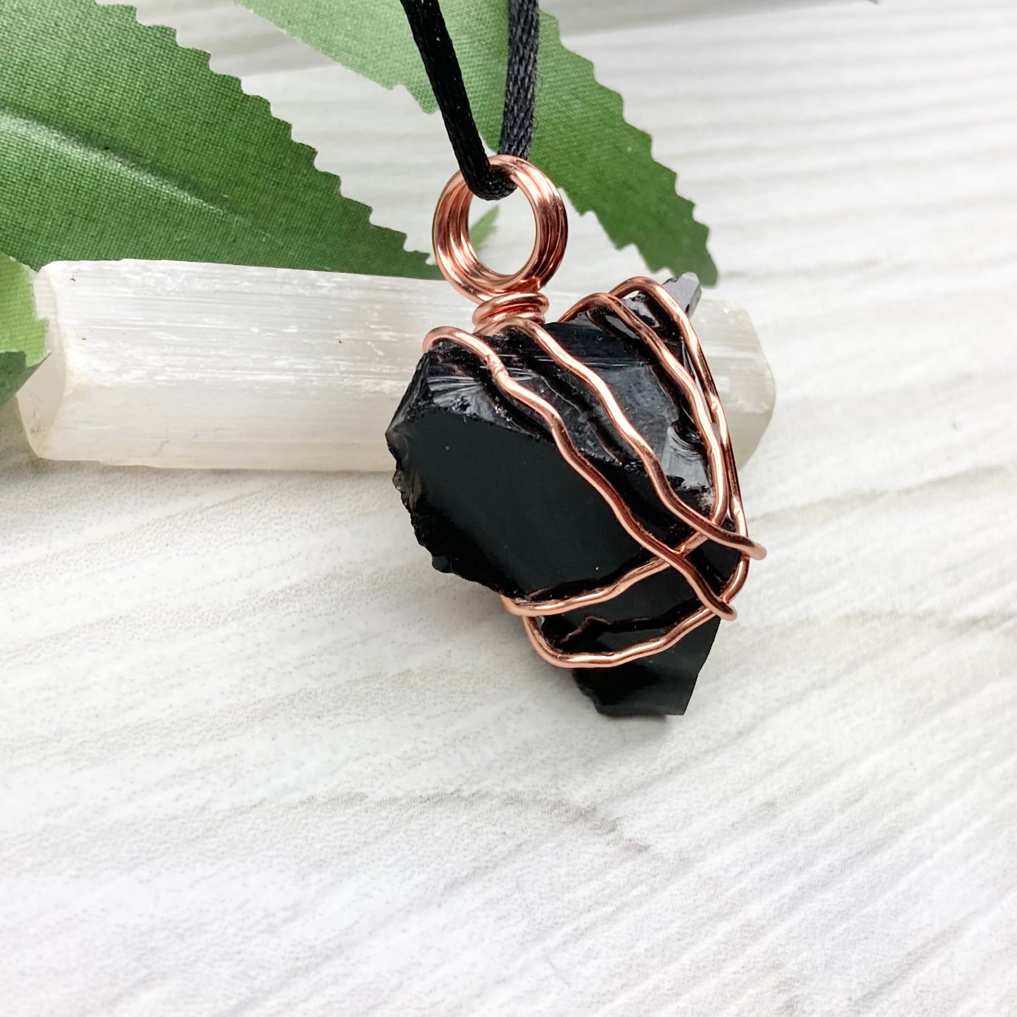 Raw Black Obsidian Necklace. Natural Obsidian Crystal Wrapped With Copper Wire. Comes On A Black Necklace. Witchy Pagan Style Jewelry.