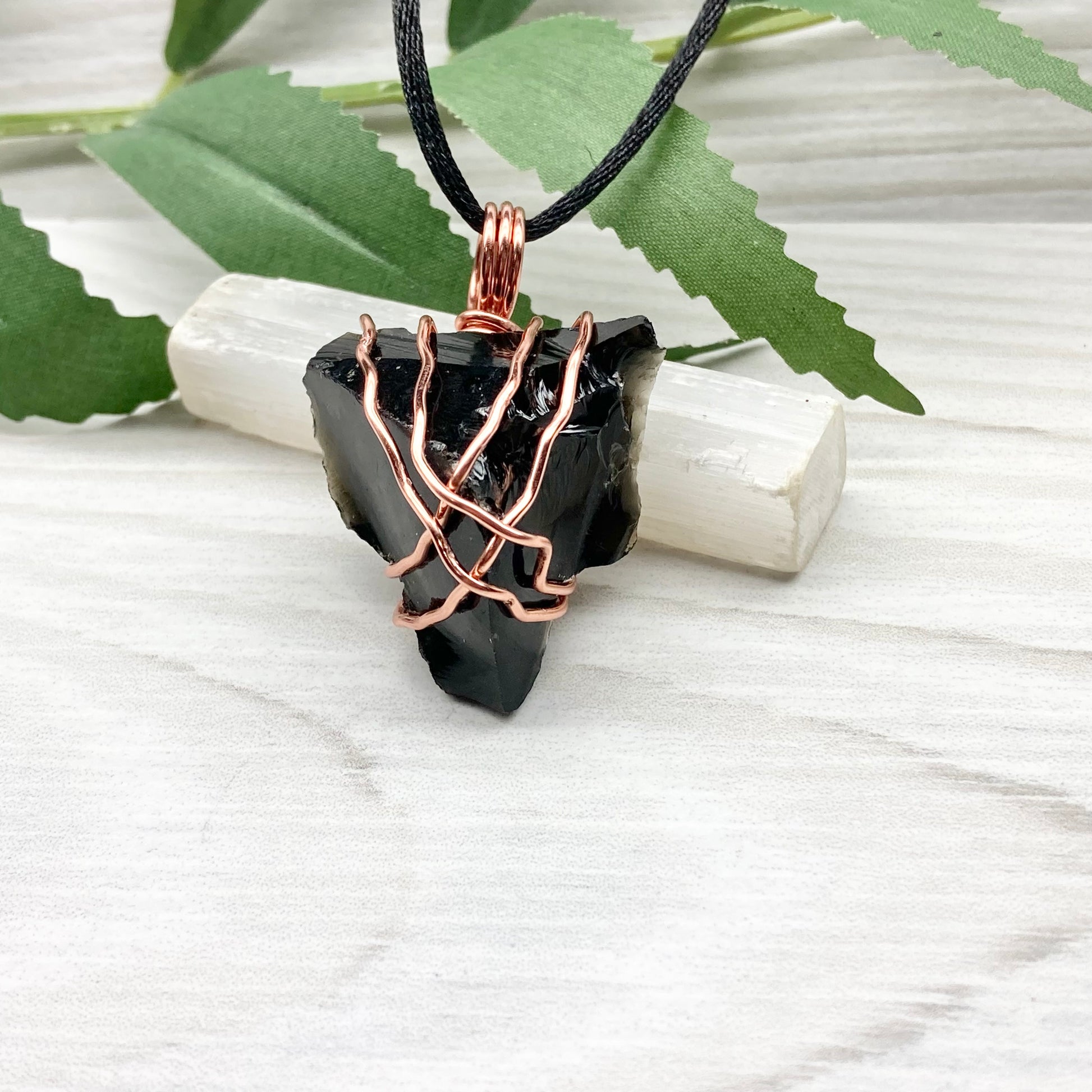 Raw Black Obsidian Necklace. Natural Obsidian Crystal Wrapped With Copper Wire. Comes On A Black Necklace. Witchy Pagan Style Jewelry.