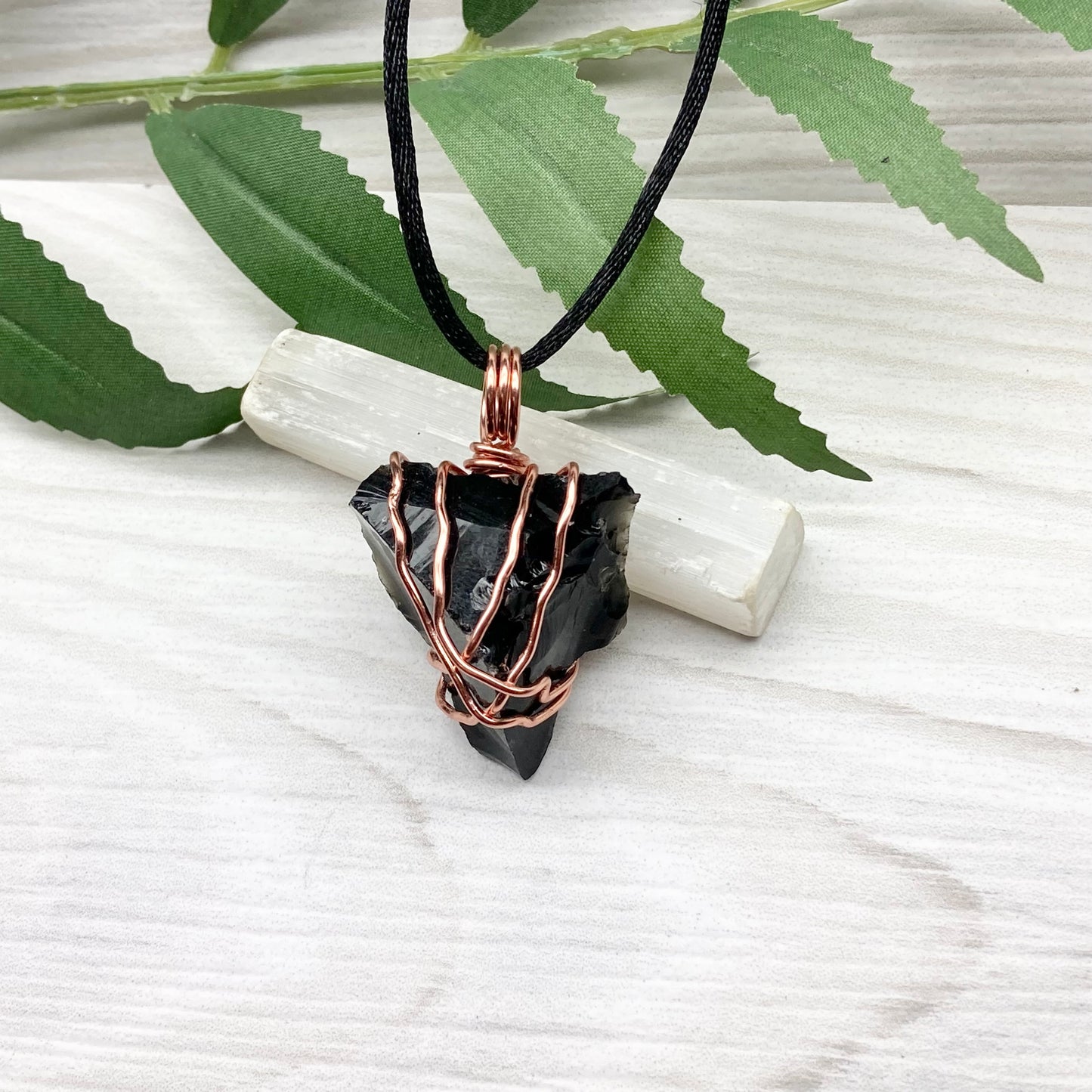 Raw Black Obsidian Necklace. Natural Obsidian Crystal Wrapped With Copper Wire. Comes On A Black Necklace. Witchy Pagan Style Jewelry.