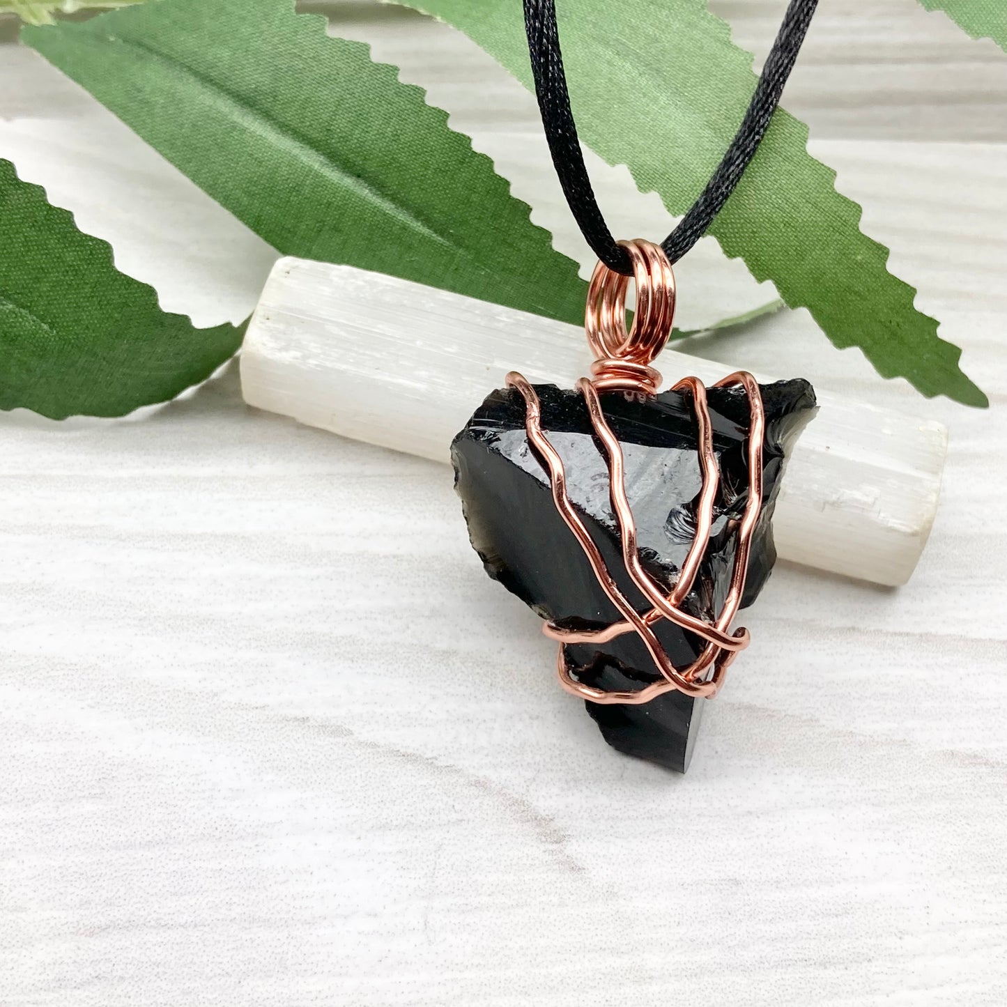 Raw Black Obsidian Necklace. Natural Obsidian Crystal Wrapped With Copper Wire. Comes On A Black Necklace. Witchy Pagan Style Jewelry.