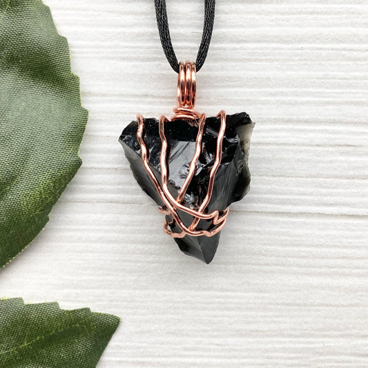Raw Black Obsidian Necklace. Natural Obsidian Crystal Wrapped With Copper Wire. Comes On A Black Necklace. Witchy Pagan Style Jewelry.
