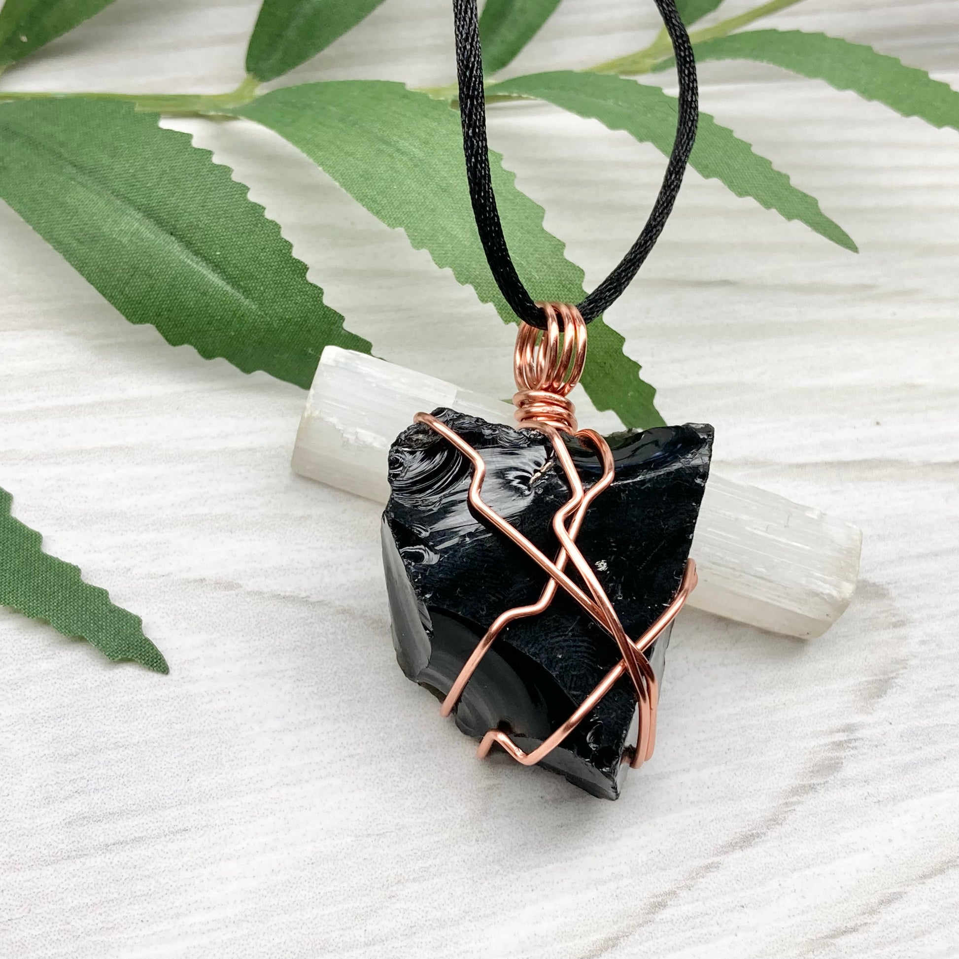 Natural Black Obsidian Necklace. Crystal Wrapped With Tarnish Resistant Copper Wire. Comes On A Black Chain.
