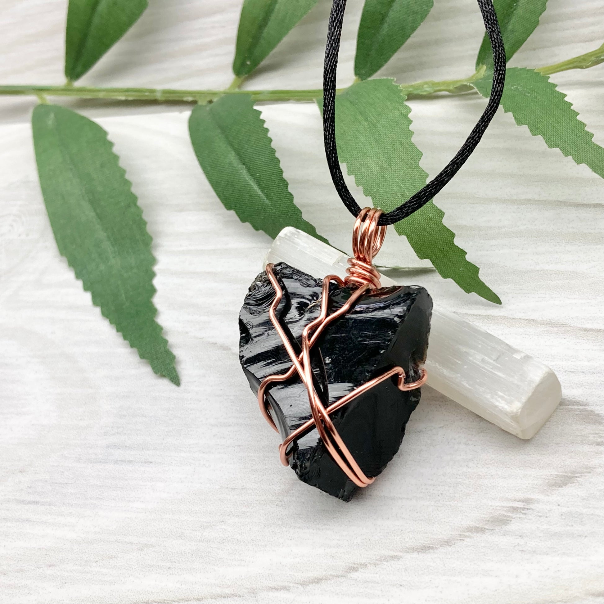 Natural Black Obsidian Necklace. Crystal Wrapped With Tarnish Resistant Copper Wire. Comes On A Black Chain.