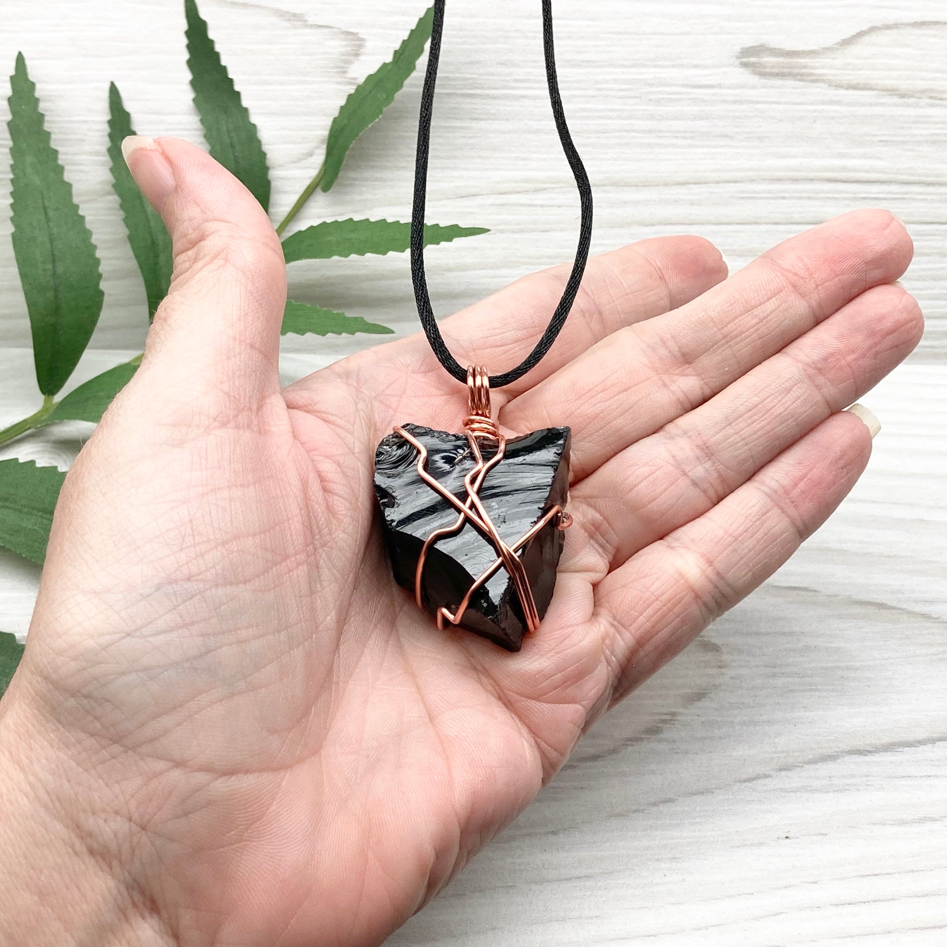 Natural Black Obsidian Necklace. Crystal Wrapped With Tarnish Resistant Copper Wire. Comes On A Black Chain.