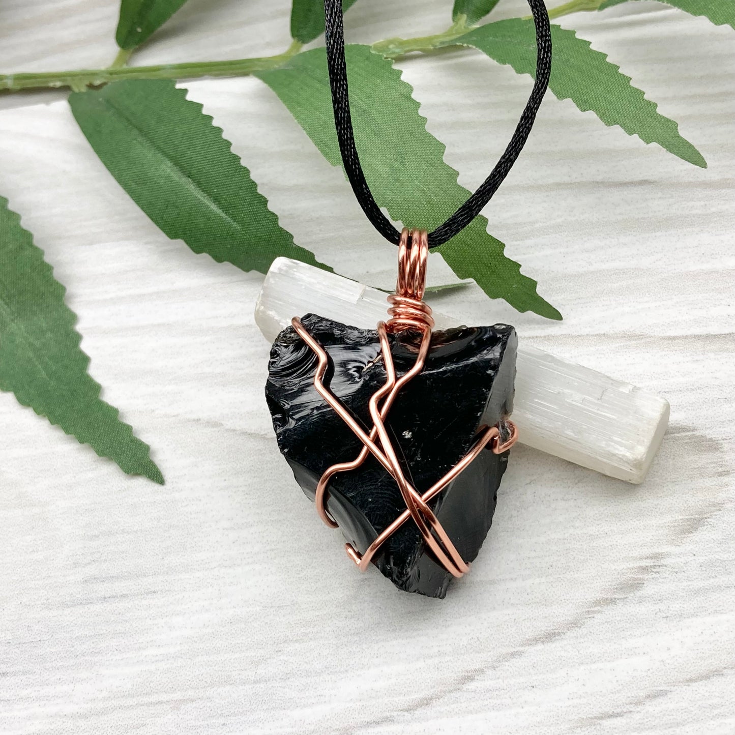 Natural Black Obsidian Necklace. Crystal Wrapped With Tarnish Resistant Copper Wire. Comes On A Black Chain.