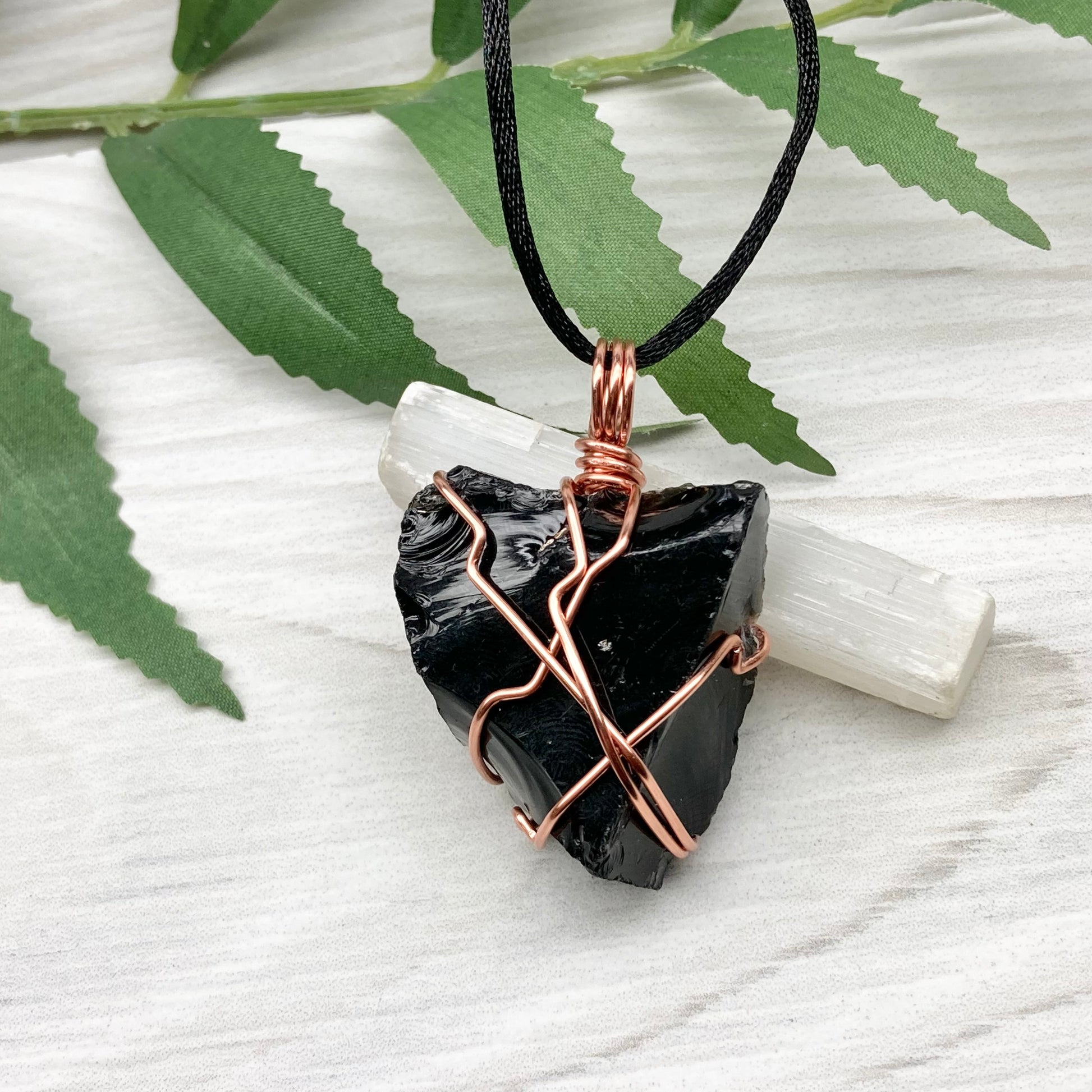 Natural Black Obsidian Necklace. Crystal Wrapped With Tarnish Resistant Copper Wire. Comes On A Black Chain.