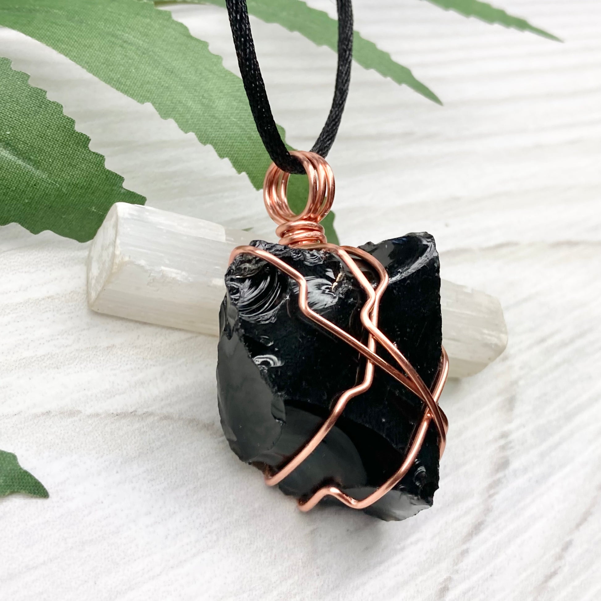 Natural Black Obsidian Necklace. Crystal Wrapped With Tarnish Resistant Copper Wire. Comes On A Black Chain.